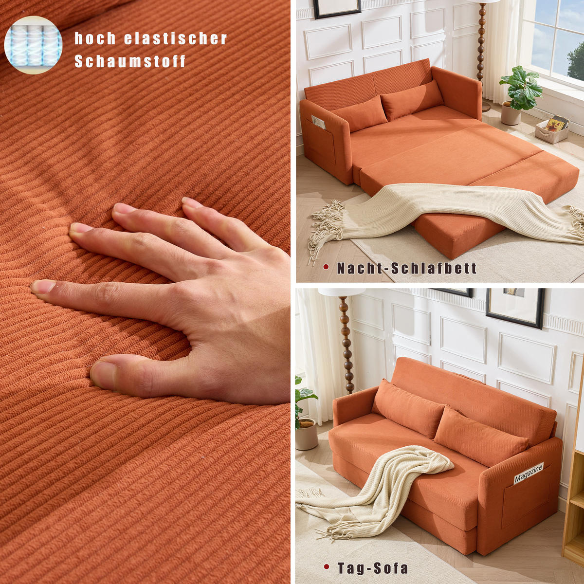 2-SITZER SCHLAFSOFA Cord Orange mit 2 Lendenkissen und 2 Magazintaschen - Orange, Holzwerkstoff/Textil (165/67/212cm) - WISHDOR