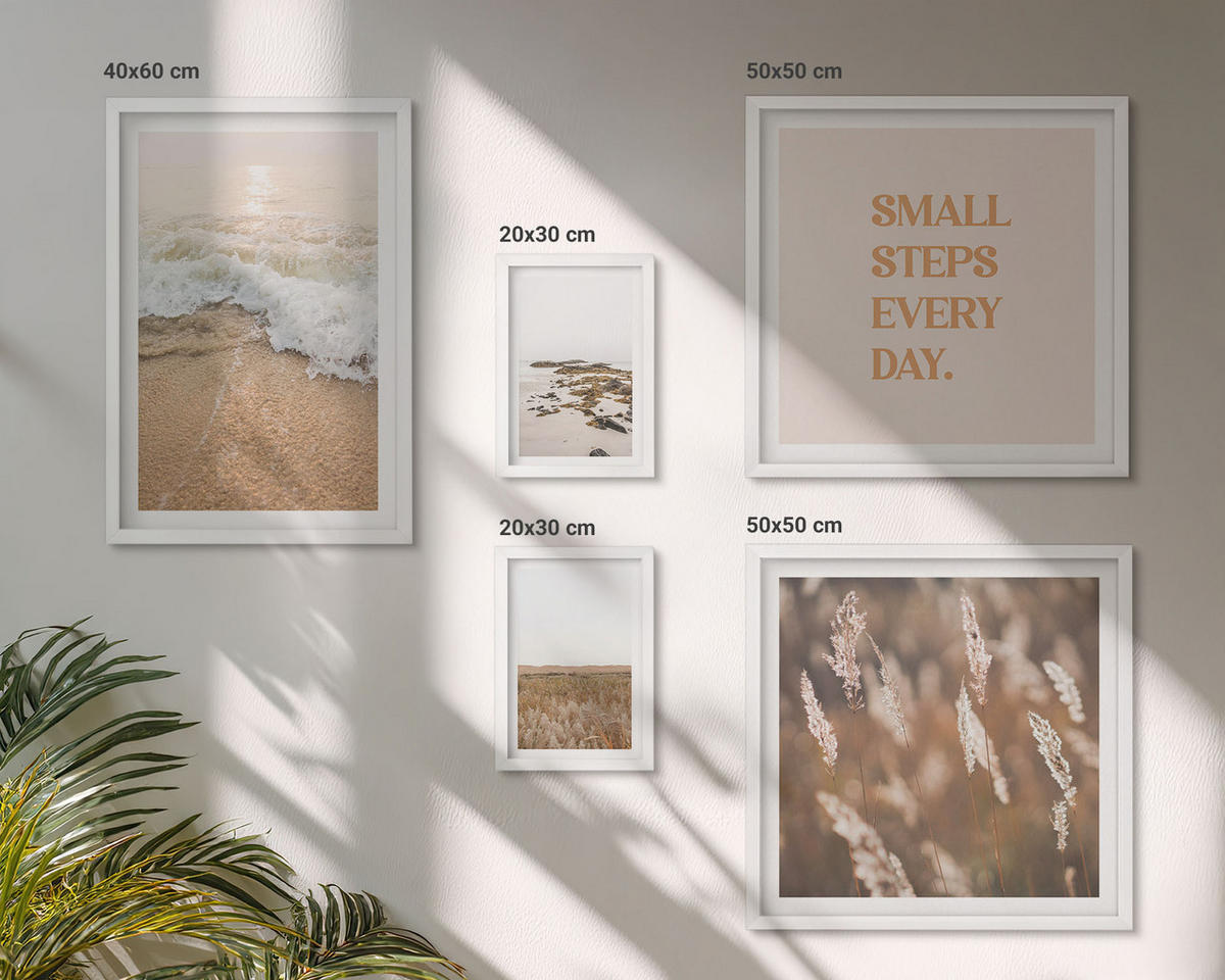 WANDBILDER 5er-Set - 50x50 cm & 20x30 cm & 40x60 cm Weißer Rahmen - Strandwellen, Steine, Sommer - Weiß, Kunststoff (40/60cm) - ArtPrintCave
