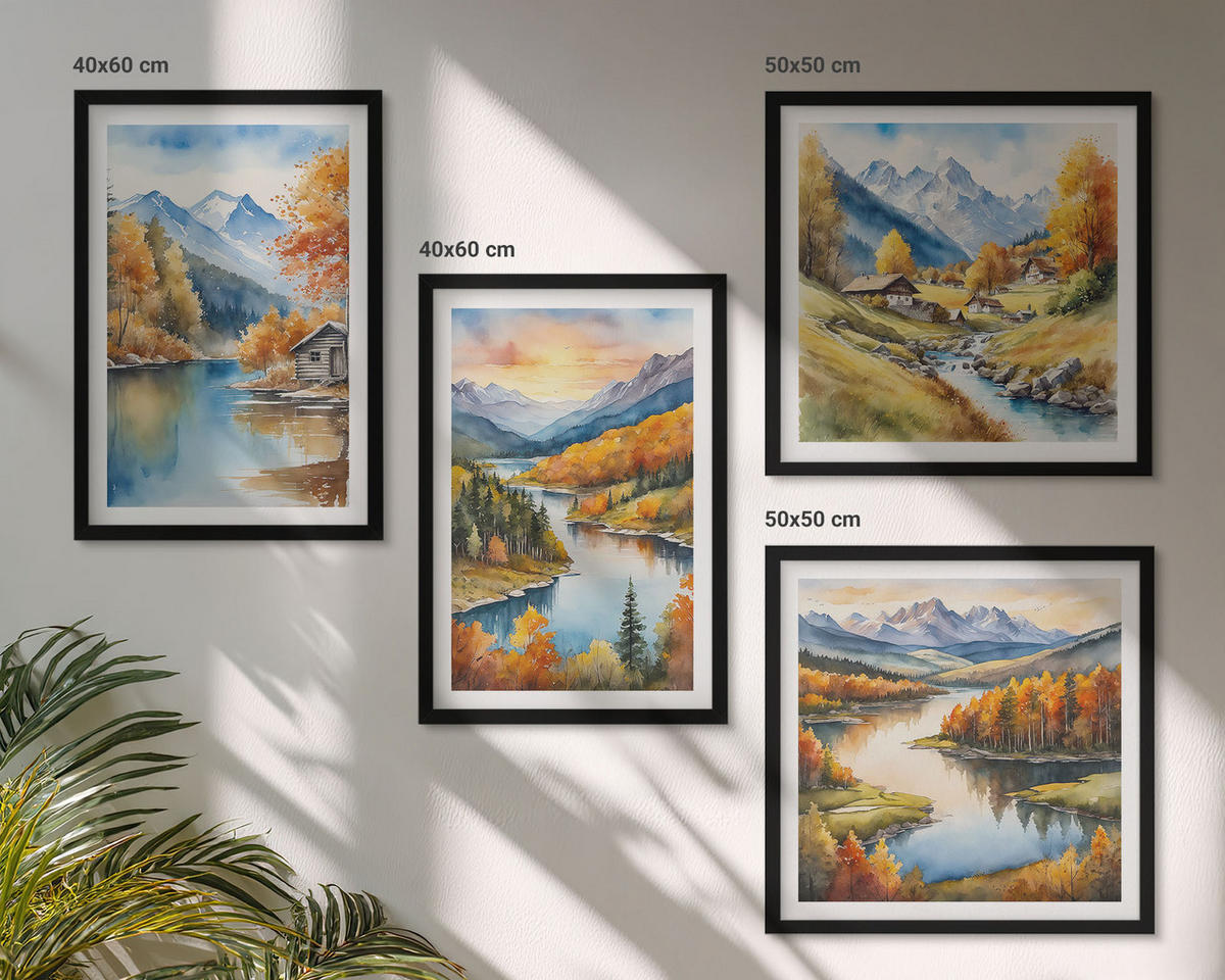 WANDBILDER 4er-Set - 50x50 cm & 40x60 cm Schwarzer Rahmen - Herbstliche Berge, Flusshütte - Schwarz, Kunststoff (50/50cm) - ArtPrintCave