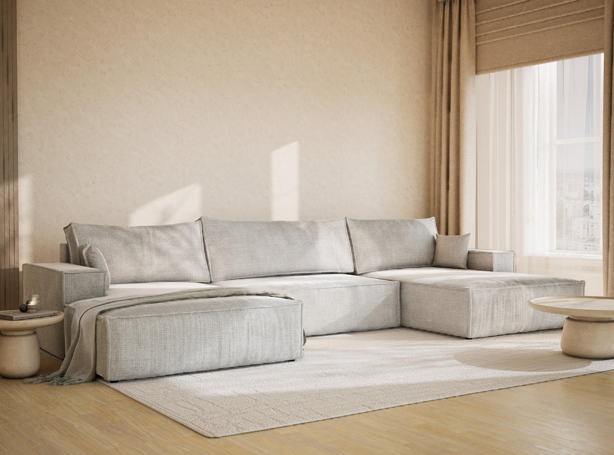 WOHNLANDSCHAFT Kyoto Grau Chenille-Stoff - Schwarz/Grau, Holz/Holzwerkstoff (398/70/148cm) - Maison de Reve