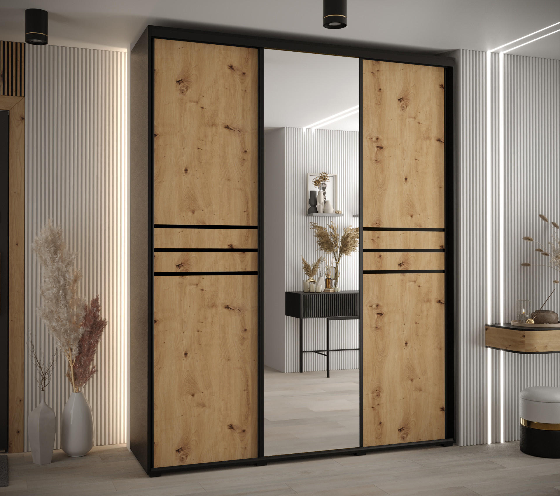 SCHWEBETÜRENSCHRANK 235,2/200/45 3-türig - Schwarz/Eiche Artisan, Holz/Metall (200/235/45cm) - Abiks Möbel