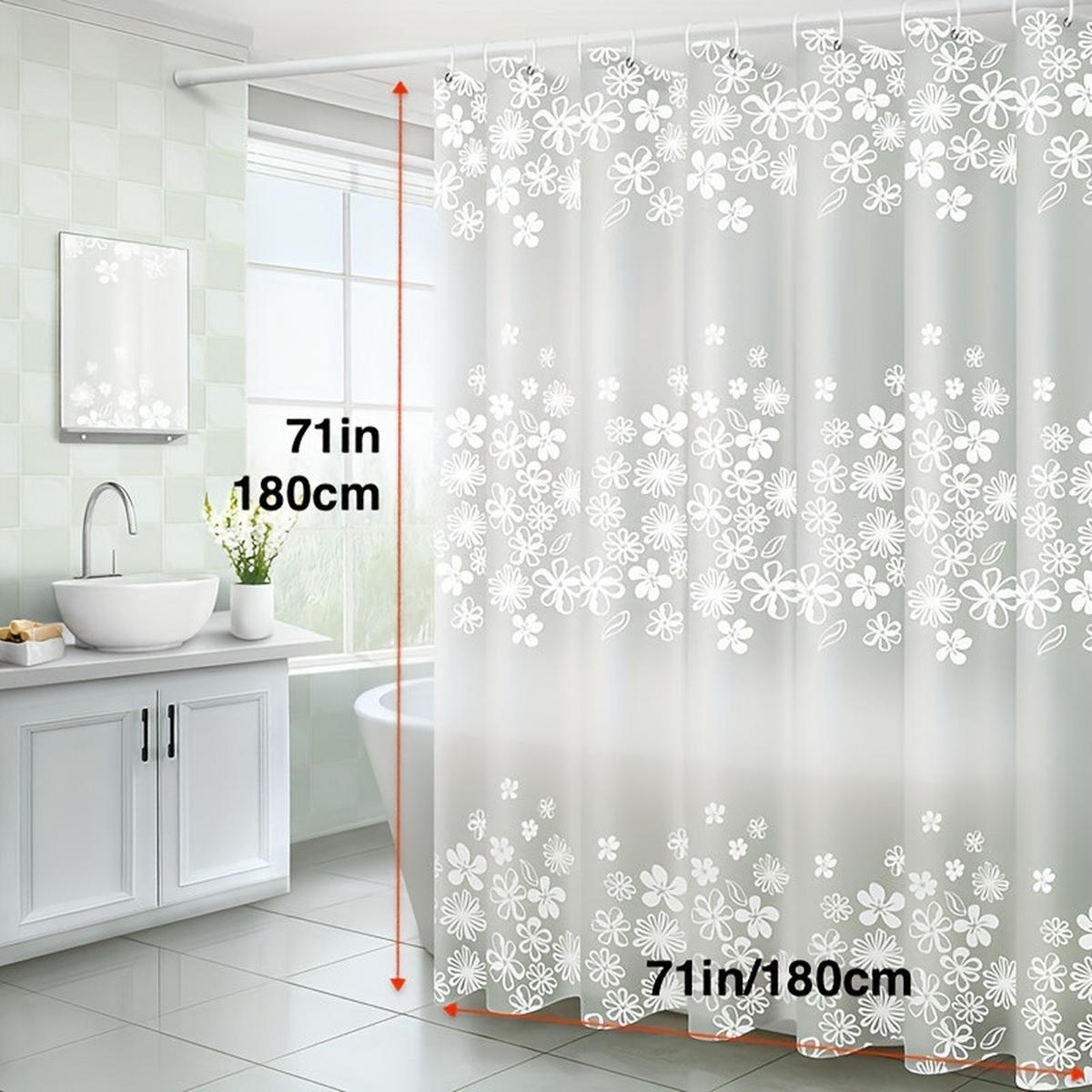 DUSCHVORHANG transparent floral PEVA wasserdicht 180 x 180 cm mit Haken Badezimmer - Transparent, Kunststoff (180/180cm) - MCBOSON