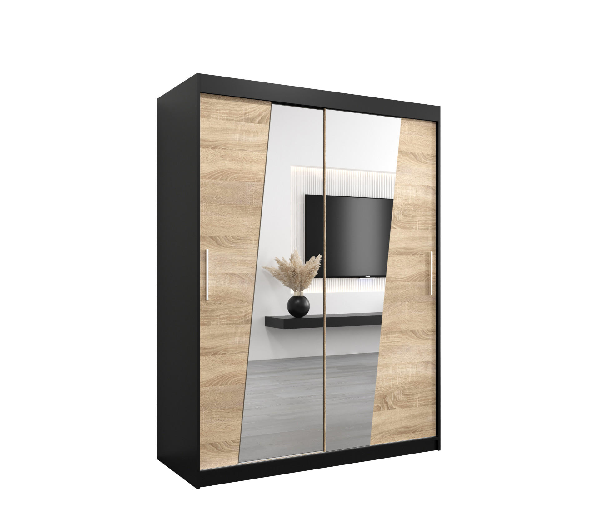 Abiks Möbel Schwebetürenschrank Schwarz, Sonoma Eiche 150x200x62 cm
