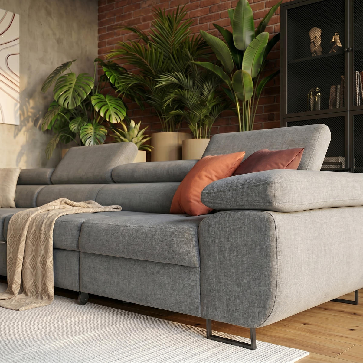 ECKSOFA WILD MAXI L Links mit Schlaffunktion 125x195 Velours Grau - Chromfarben/Grau, Holz/Textil (203/350cm) - Muffo