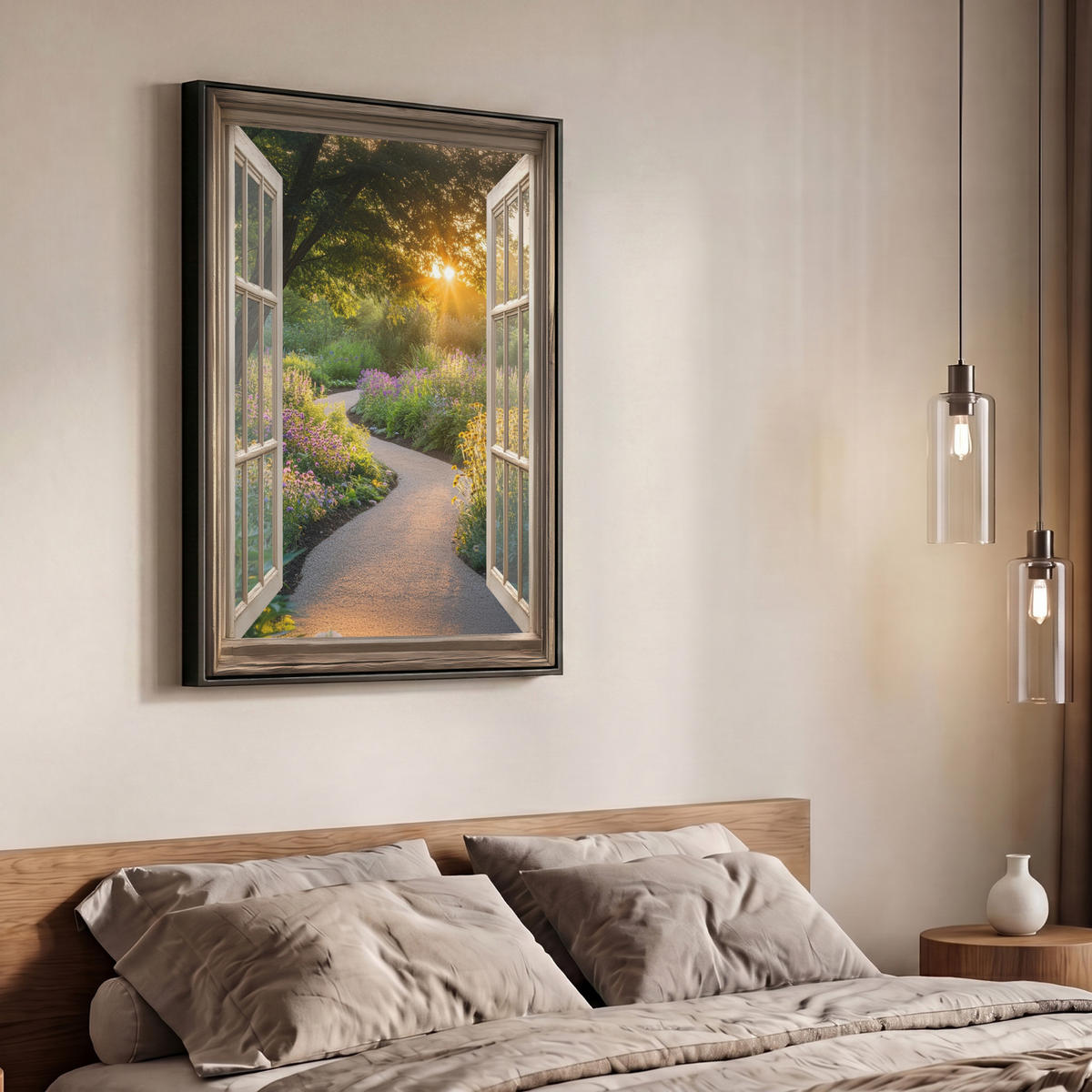 LEINWAND Bilder mit Rahmen - Aussicht - Blumen - Natur - Sonne - Weg - 70x100 - Hellgelb, Textil (70/100cm) - MuchoWow