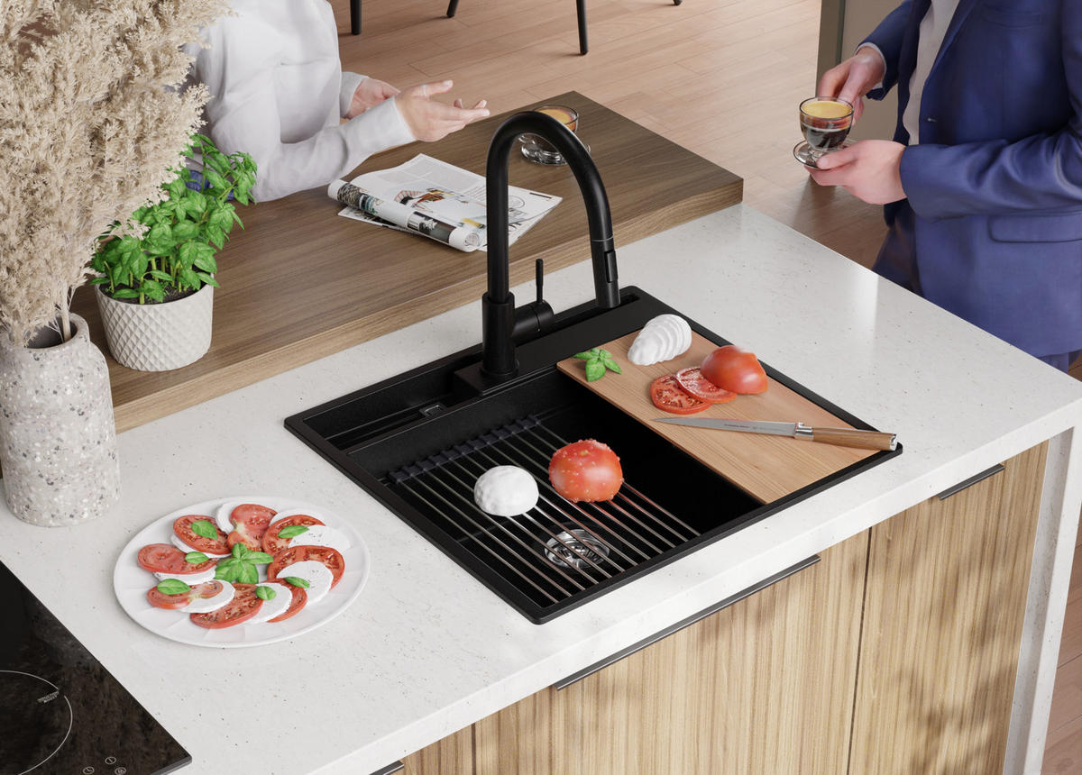 GRANITSPÜLE Oslo Pocket, 2-er set Alles Schwarz 58/53 cm 1 Becken + Küchenarmatur 40/20 cm + Ablauf-Set + Küchenzubehörset ab 60er Unterschrank - Schwarz, Kunststoff (58/20/53cm) - Primagran