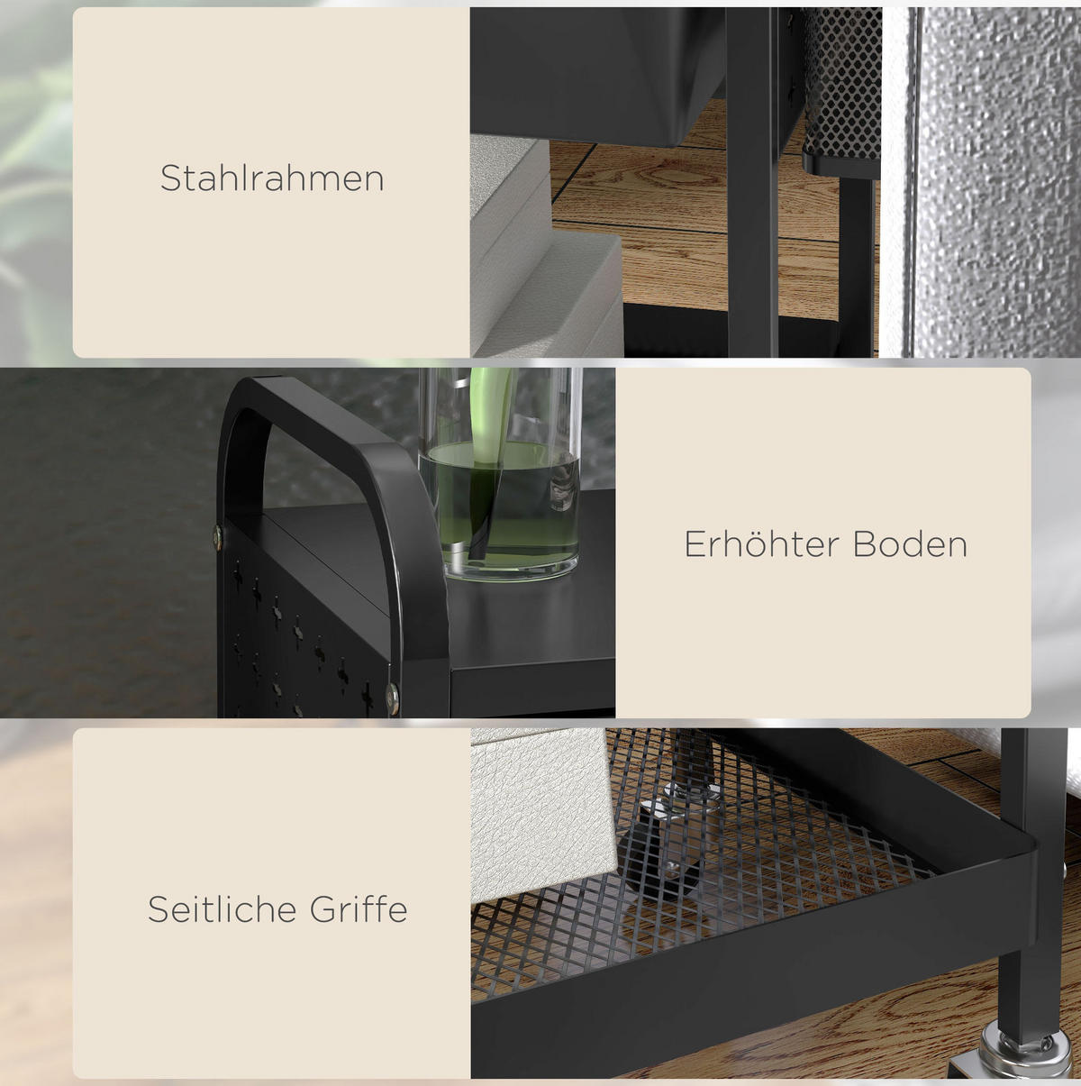 KÜCHENINSEL 61/32,6/58,5 cm aus Kunststoff mit Schublade, Ablage, 3 Haken und Rollen, Schwarz - Schwarz, Kunststoff (61/58.5/32.6cm) - Redom