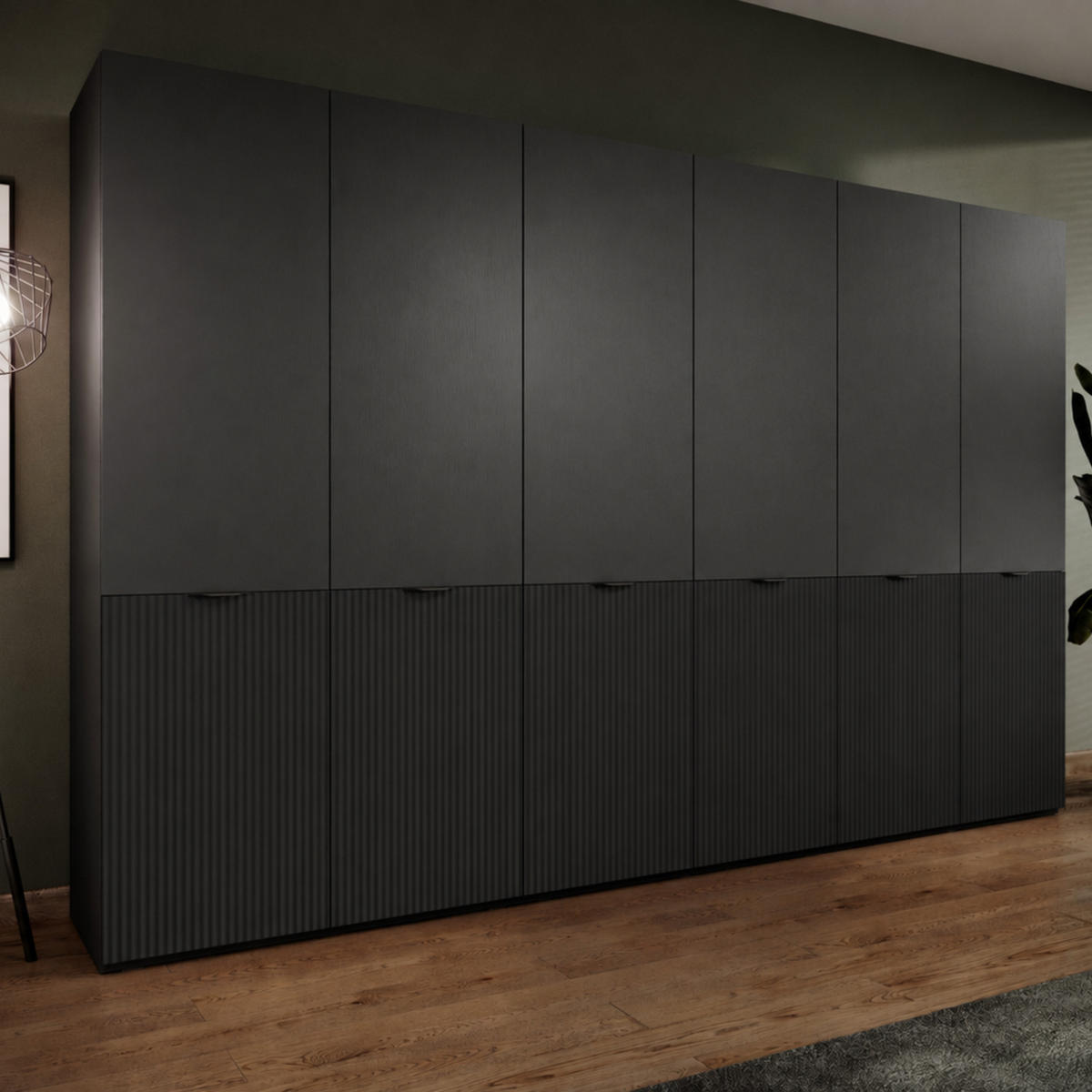 KLEIDERSCHRANK ZEN (Modular, Schwarz Matt, Rillenfront, 6-türig) - Schwarz, Holz/Holzwerkstoff (303/200/51cm) - Ravio