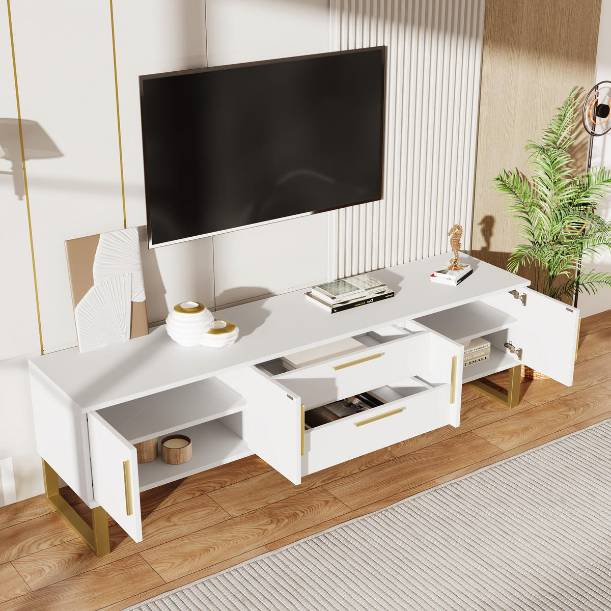 TV-SCHRANK in Hochglanz Weiß mit goldfarbenen Füßen und Griffen 170/40/53.5 cm - Weiß, Holzwerkstoff (170/53/40cm) - Redom