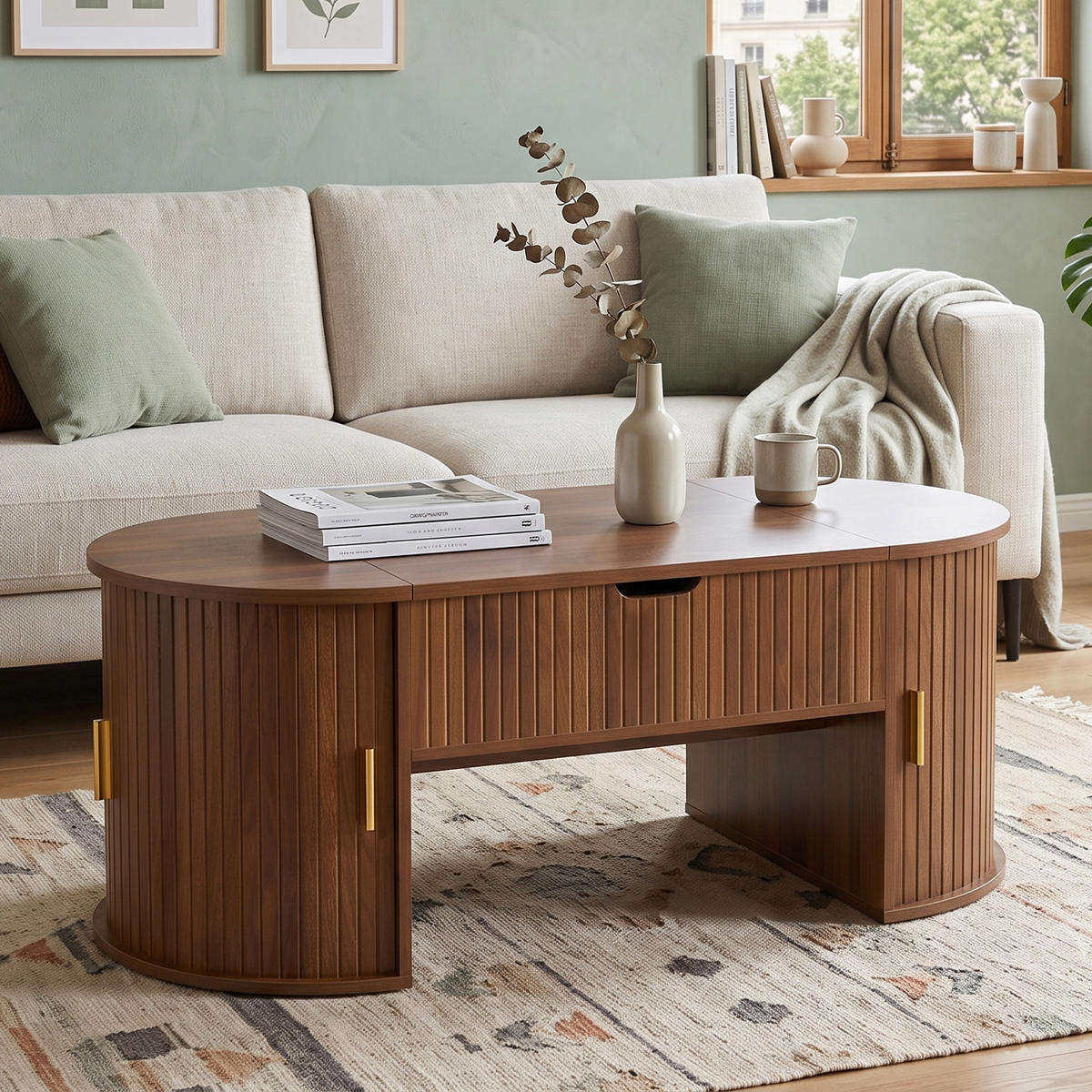 COUCHTISCH Höhenverstellbar Nussbaum mit Schiebetüren & Stauraum - Walnussfarben, Holzwerkstoff (50/100/40.5cm) - Urban Meuble