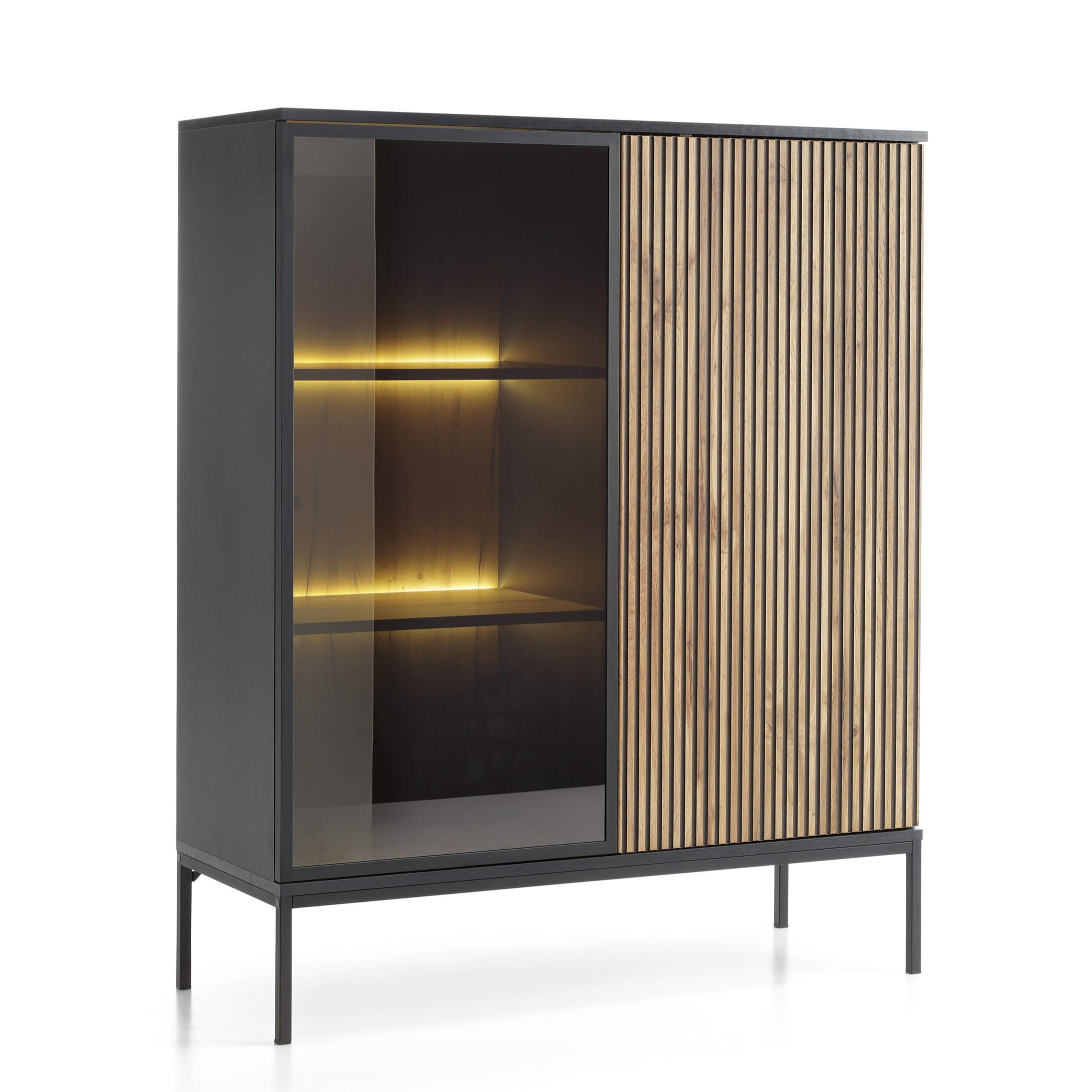VITRINE in Schwarz, Eiche Wotan - Schwarz, Holzwerkstoff (104/126/39cm) - MASSENO