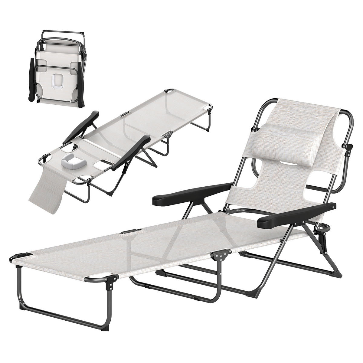 SONNENLIEGE Klappbare Gartenliege mit 4-fach verstellbarer 145 x 72 x 89 cm ,Creme - Creme, Metall (145/89/72cm) - Vallsero