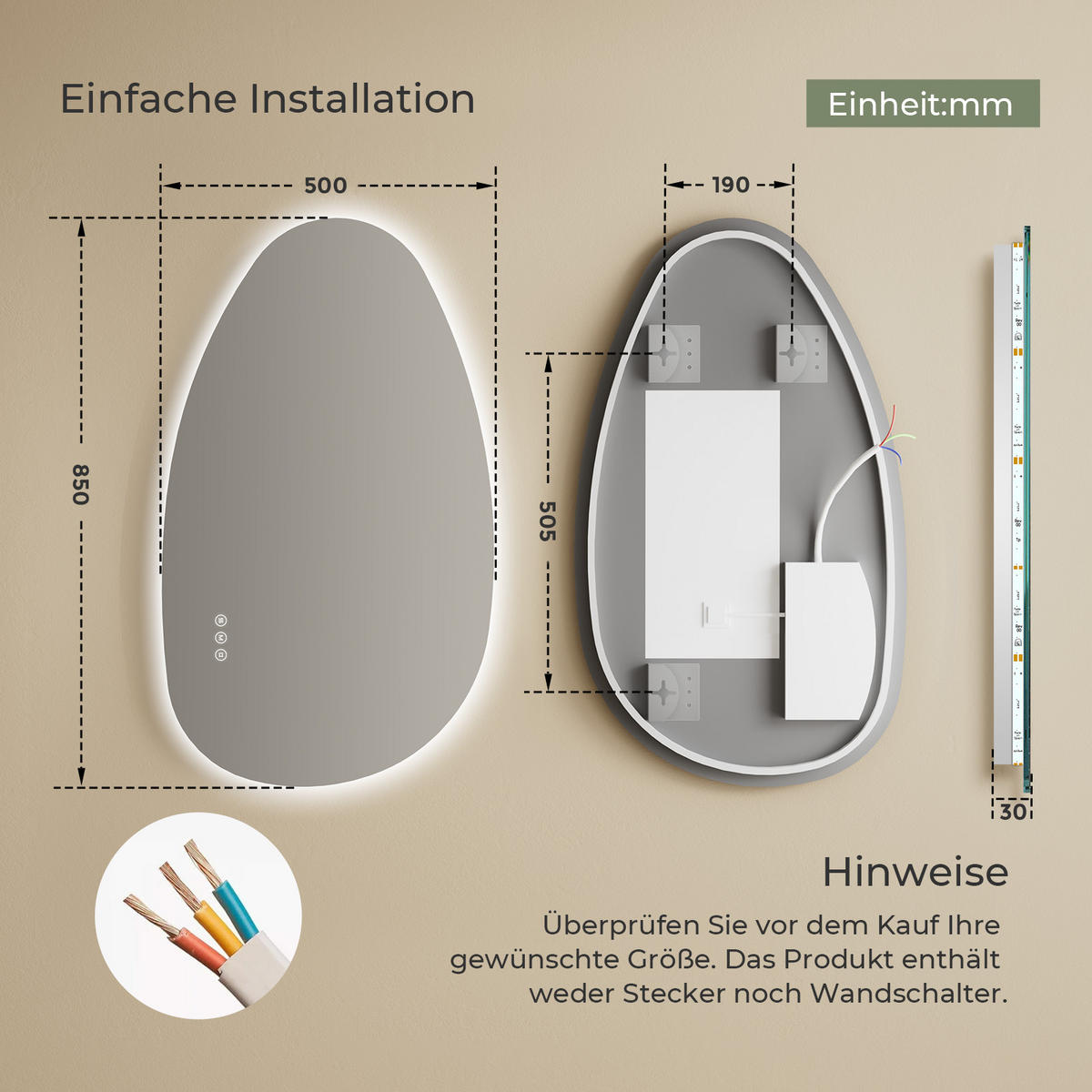 BADSPIEGEL MIT BELEUCHTUNG 50/85 cm asymmetrisch mit dimmbarer LED-Beleuchtung und Antibeschlag - Transparent, Glas (50/85/2.5cm) - S'AFIELINA