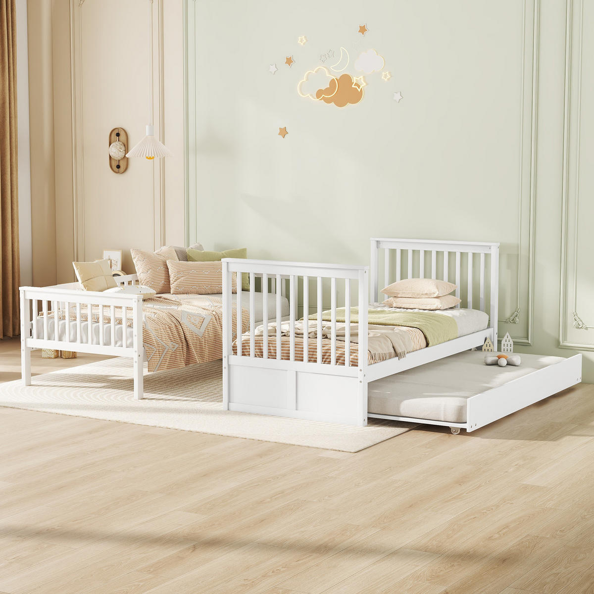 ETAGENBETT 90x200cm Weiß Dreierbetten mit Ausziehbett hohe Geländer - Weiß, Holz (90/200cm) - FLIEKS