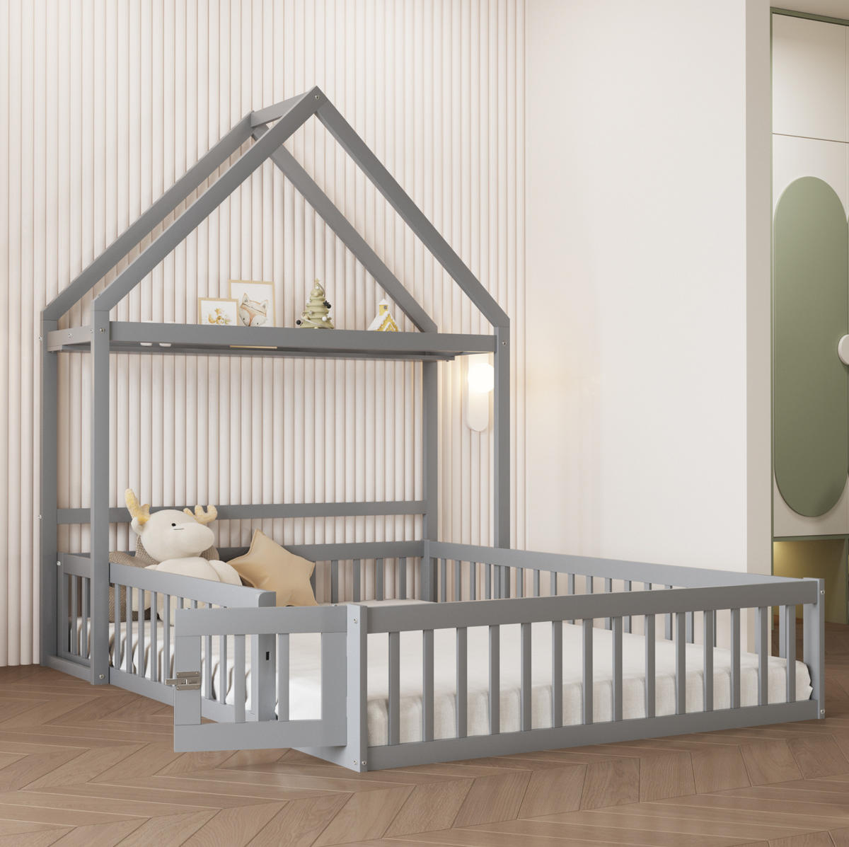 KINDERBETT 140/200 cm mit Dach, Stauraum, Tür und Lattenrost, Grau - Grau, Holzwerkstoff (140/200cm) - Redom