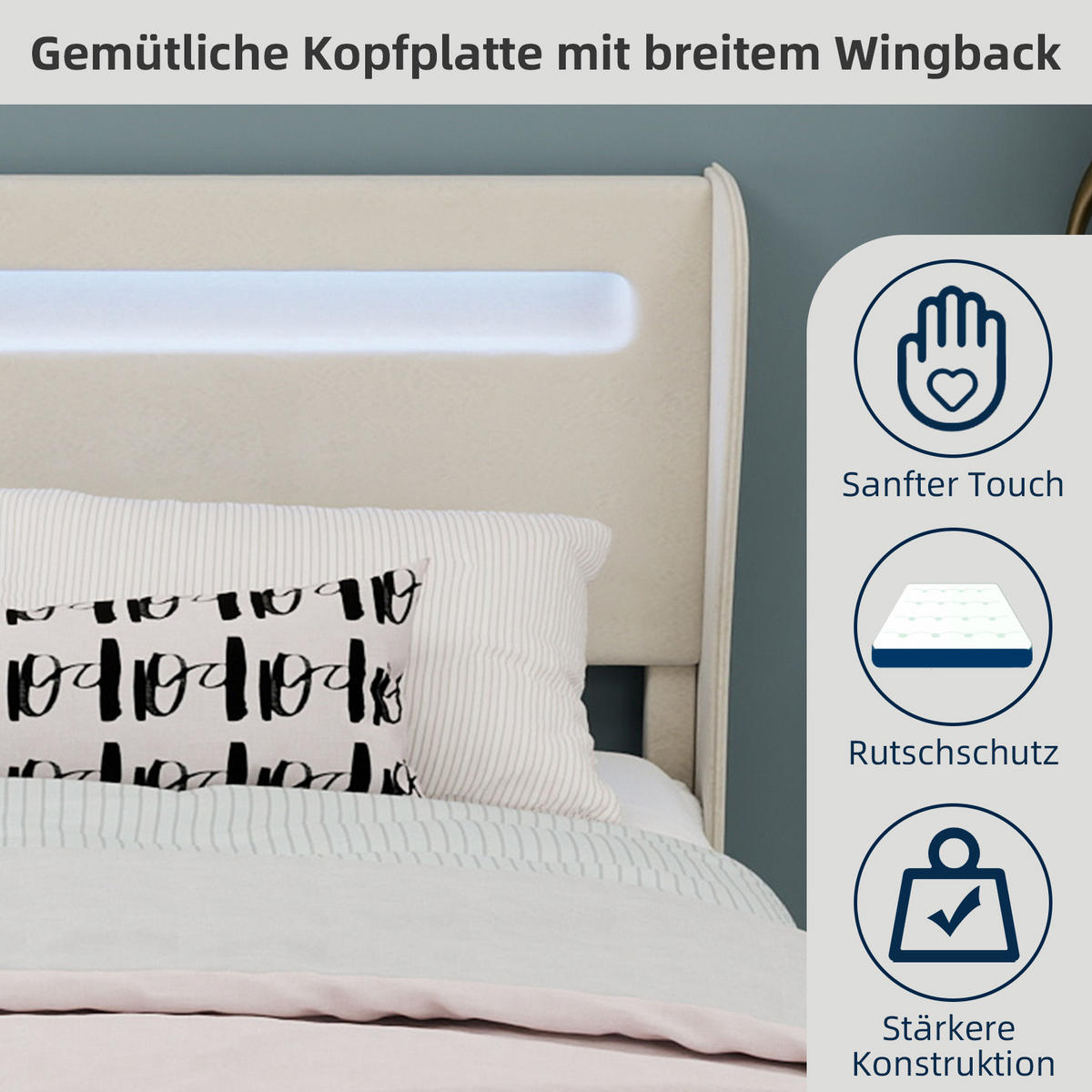 POLSTERBETT 140x200 cm LED ohne Stauraum beige - Beige, Textil (140/200cm) - LEBENLANG