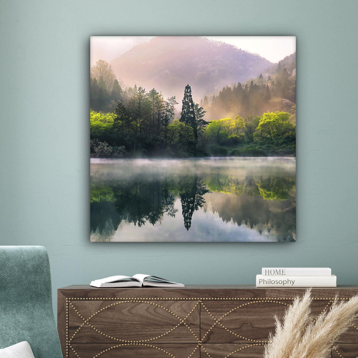 LEINWANDBILD Natur - Bäume - Berge - See - Wasser 90x90 cm - Hellgrün, Textil (90/90cm) - MuchoWow