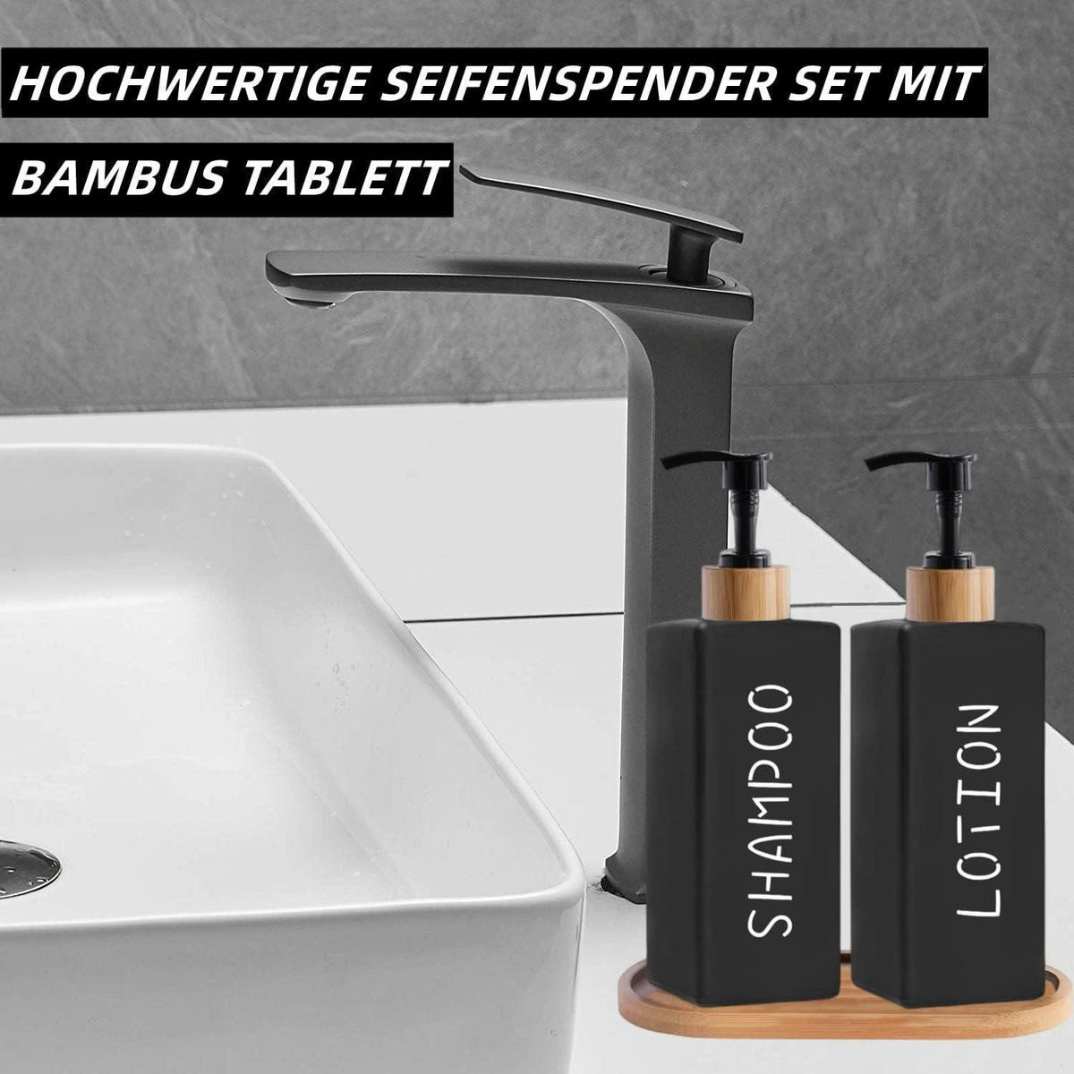 SEIFENSPENDER 2-teiliges Set Schwarz Bambus - Schwarz, Glas (5.7/18.5/5.7cm)