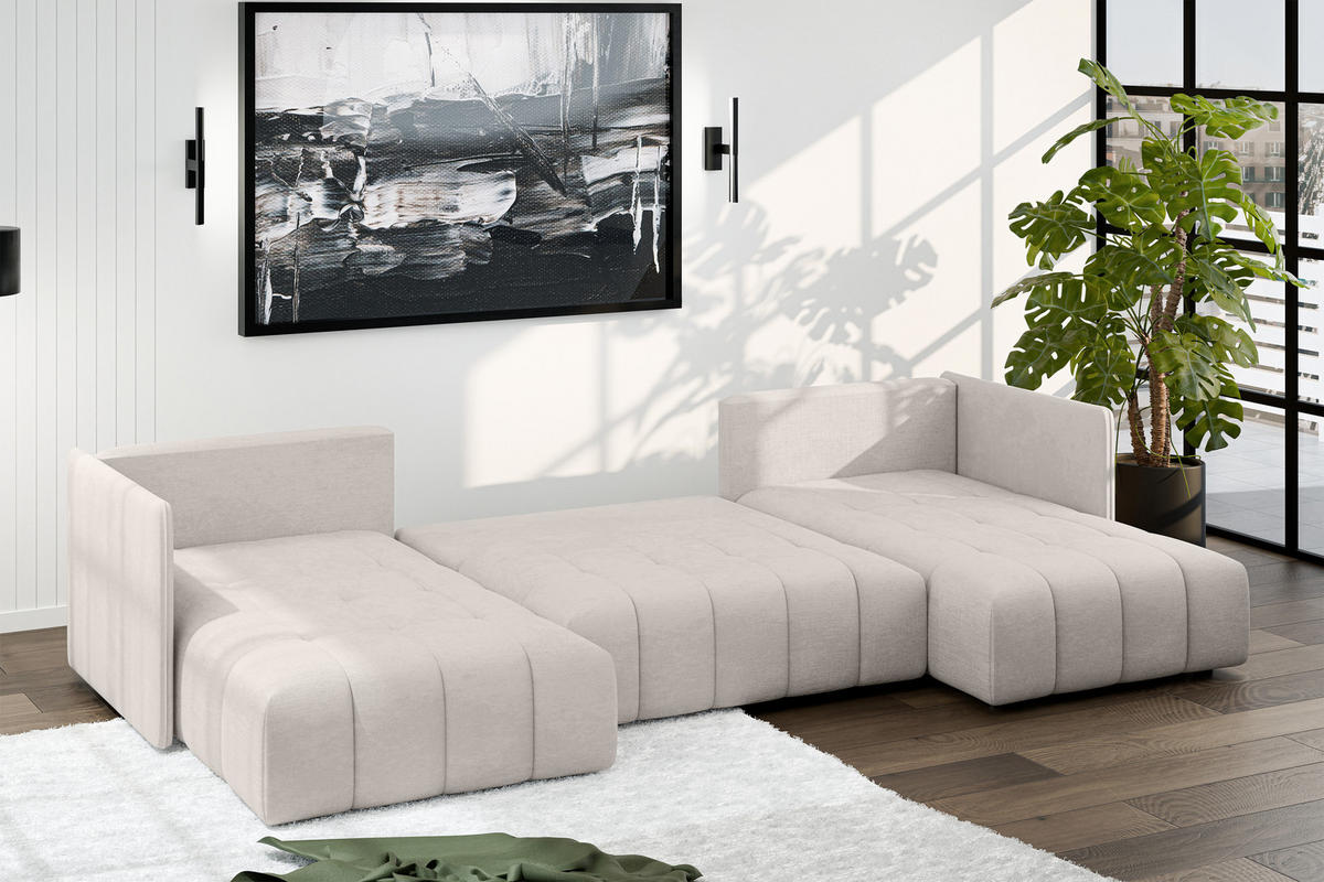 WOHNLANDSCHAFT Mersino Beige 353/180/83 cm – Wohnlandschaft fürs Wohnzimmer - Beige/Schwarz, Kunststoff/Textil (353/83/180cm) - AX Living