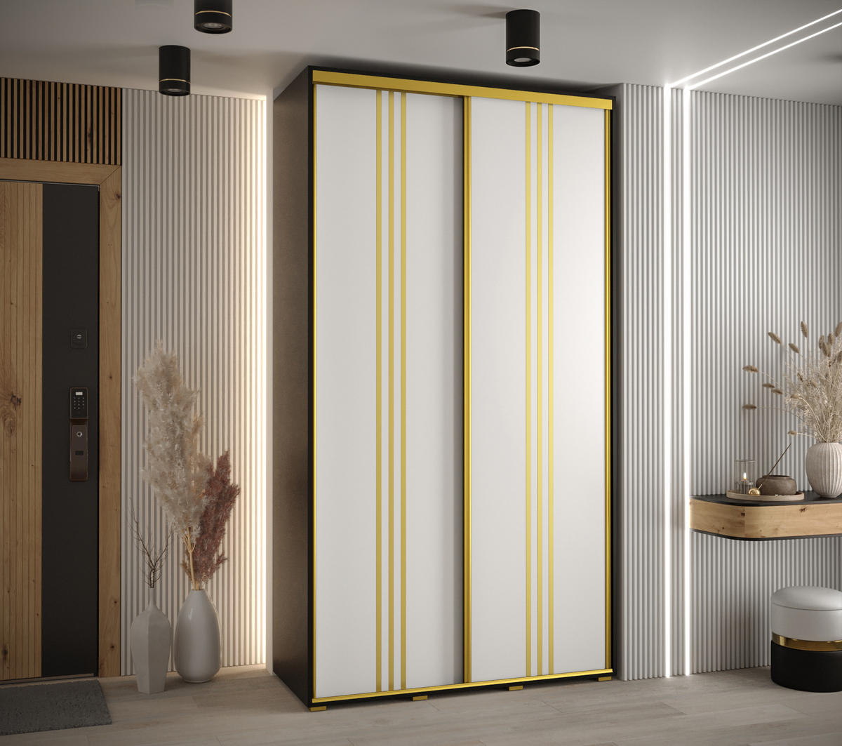 SCHWEBETÜRENSCHRANK 235,2/130/45 2-türig - Goldfarben/Schwarz, Holz/Metall (130/235/45cm) - Abiks Möbel