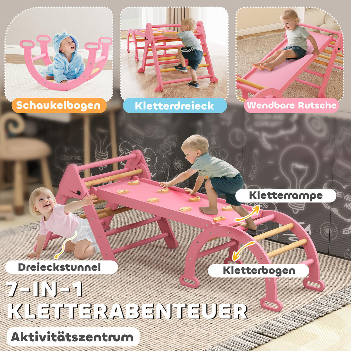 KLETTERGERÜST Indoor, 7 in 1 klappbar Kletterdreieck mit Rutsche, Kletterbogen - Rosa, Holz (70/59/188cm) - AIYAPLAY