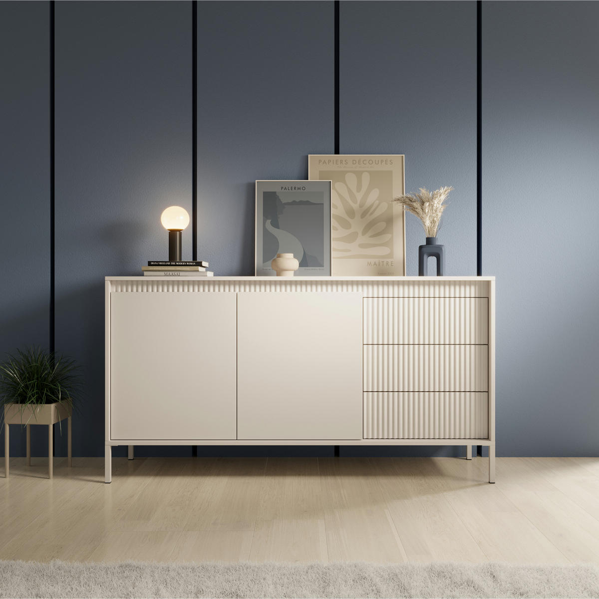 SIDEBOARD SELBU KOM2 Reliefierte Fronten aus MDF-Platte Beige Beige - Beige, Glas/Holzwerkstoff (154/82/40cm) - Komodee