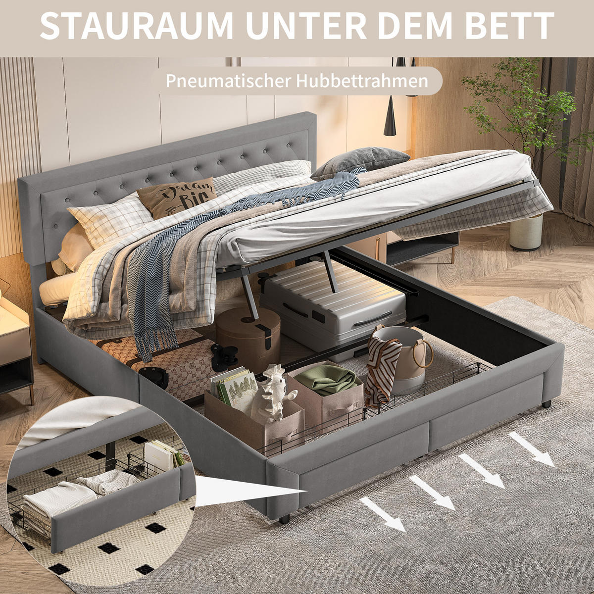 POLSTERBETT 160x200 cm Stauraum 2 Schubladen Lattenrost Samt grau - Grau, Holz (160/200cm) - LEBENLANG