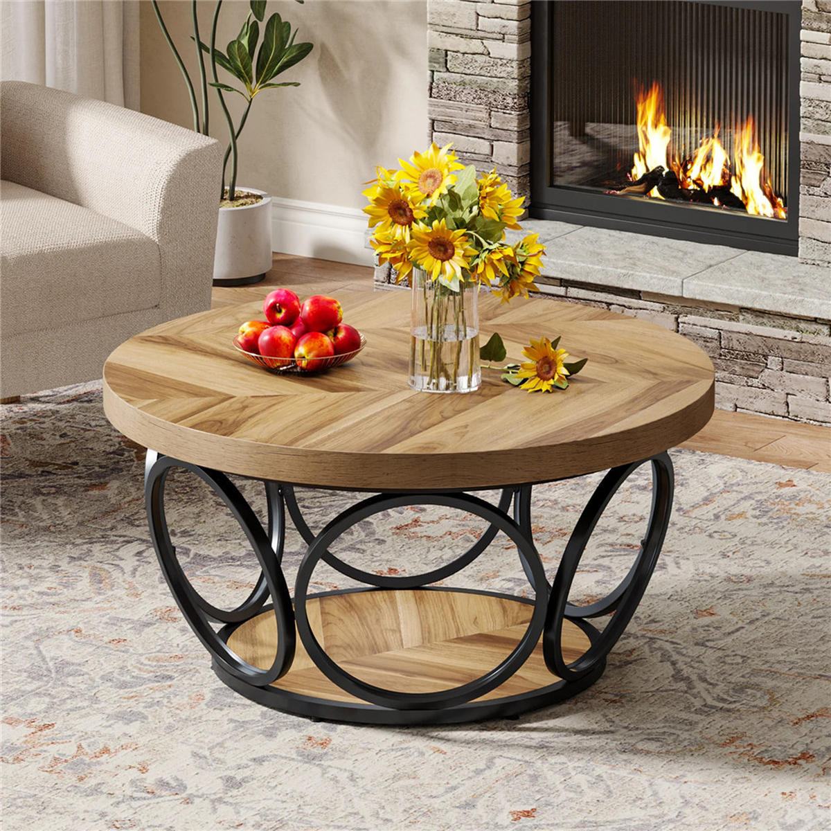 COUCHTISCH rund 80/80/42.5 cm 2 Ebenen Holz Stauraum modern - Hellbraun, Holz (80/80/42.5cm) - Kaket