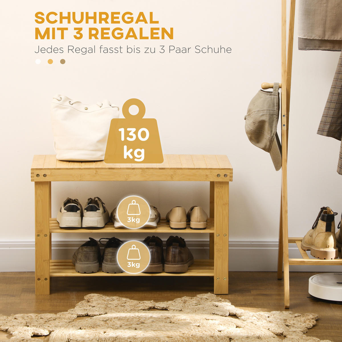 SCHUHBANK, Schuhregal mit 3 Etagen, Sitzbank aus Bambus für 6 Paar Schuhe - Naturfarben, Holz (28/45/70cm) - HOMCOM