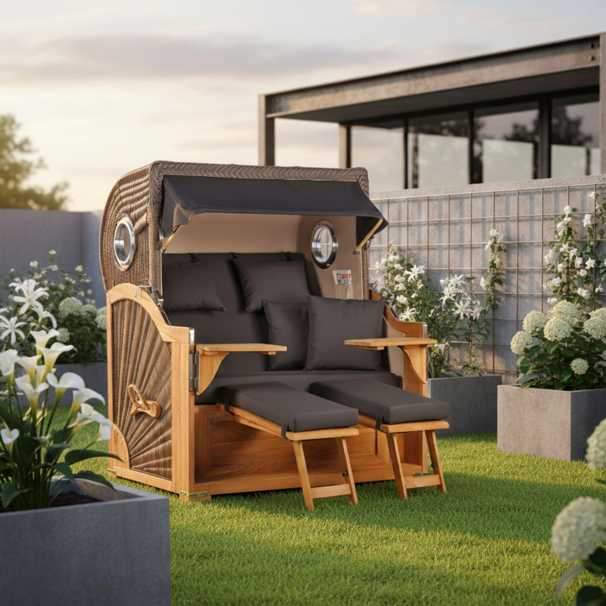 STRANDKORB Baltikum Teak 2,5 Sitzer - Schwarz/Braun, Holz/Metall (142/170/95cm) - Mr. Deko