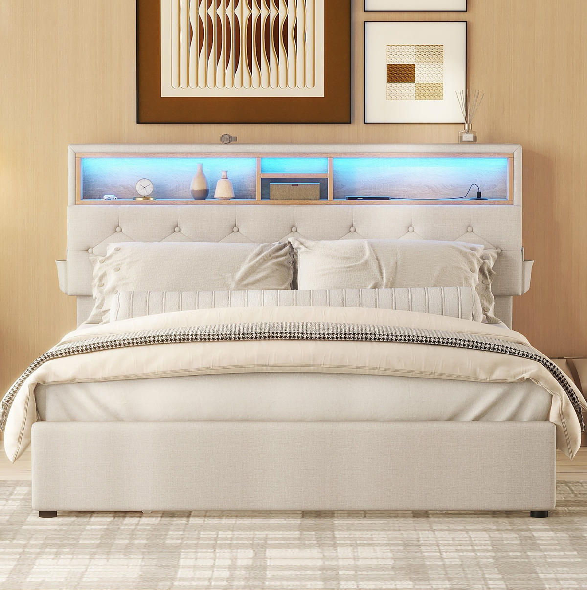POLSTERBETT 140/200 cm aus Leinen mit LED-Beleuchtung USB und Stauraum Antikgrau - Beige, Textil (140/200cm) - Modenvie