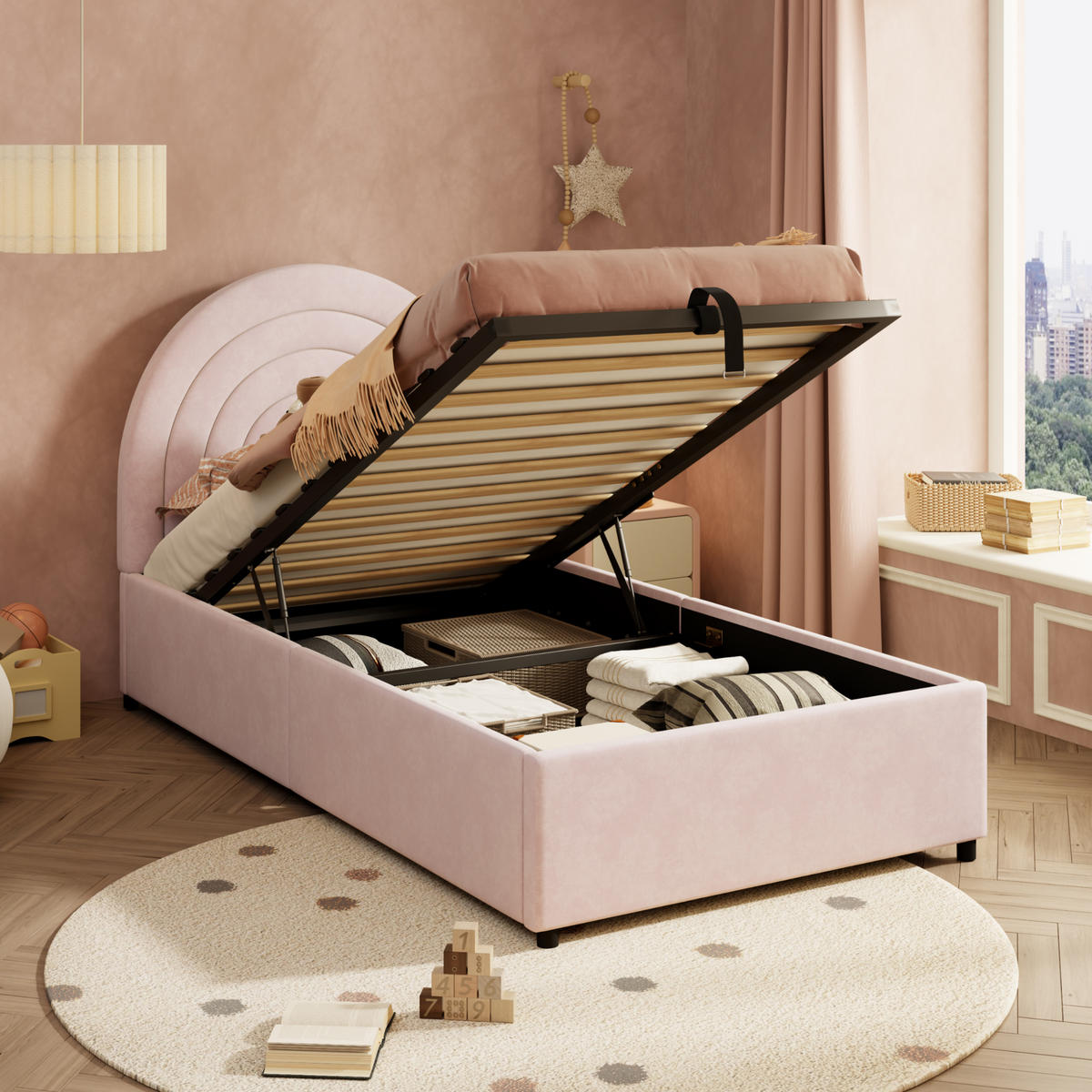 STAURRAUMBETT 90/200 cm DE-03027, mit Hydraulik, in Rosa - Pink, Holz (90/200cm) - ComfortXL