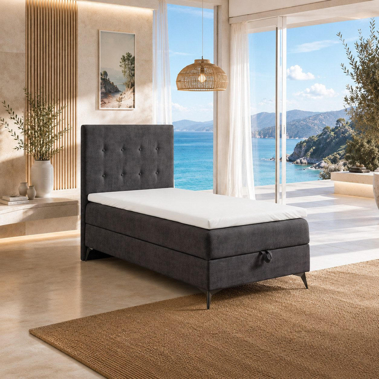 BOXBETT K15 Single SLIM mit Bettkasten & Bonell-Federkern ohne Topper - Dunkelgrau, Holz/Textil (200/80cm) - Best For Home