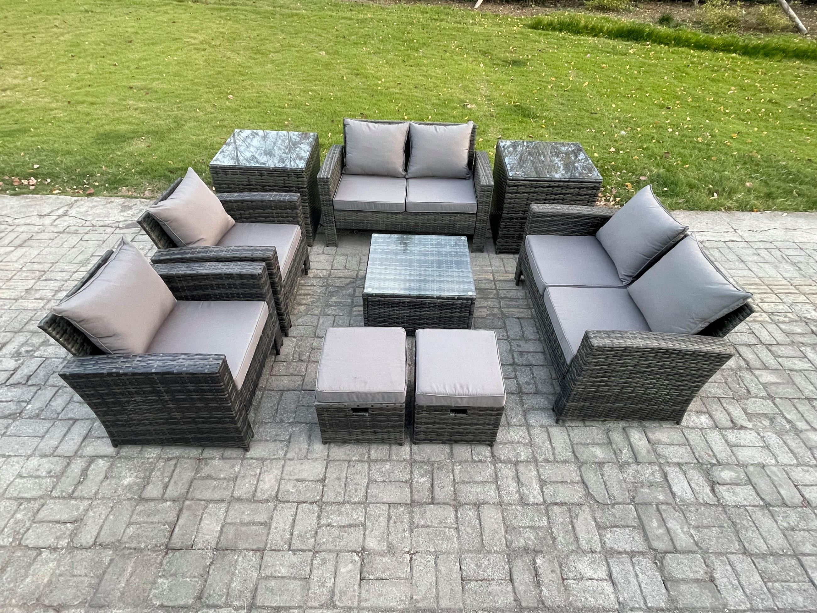 GARTENMÖBEL-SET mit Kissen Polyrattan Dunkelgrau 8-Sitzer - Dunkelgrau, Metall - Fimous