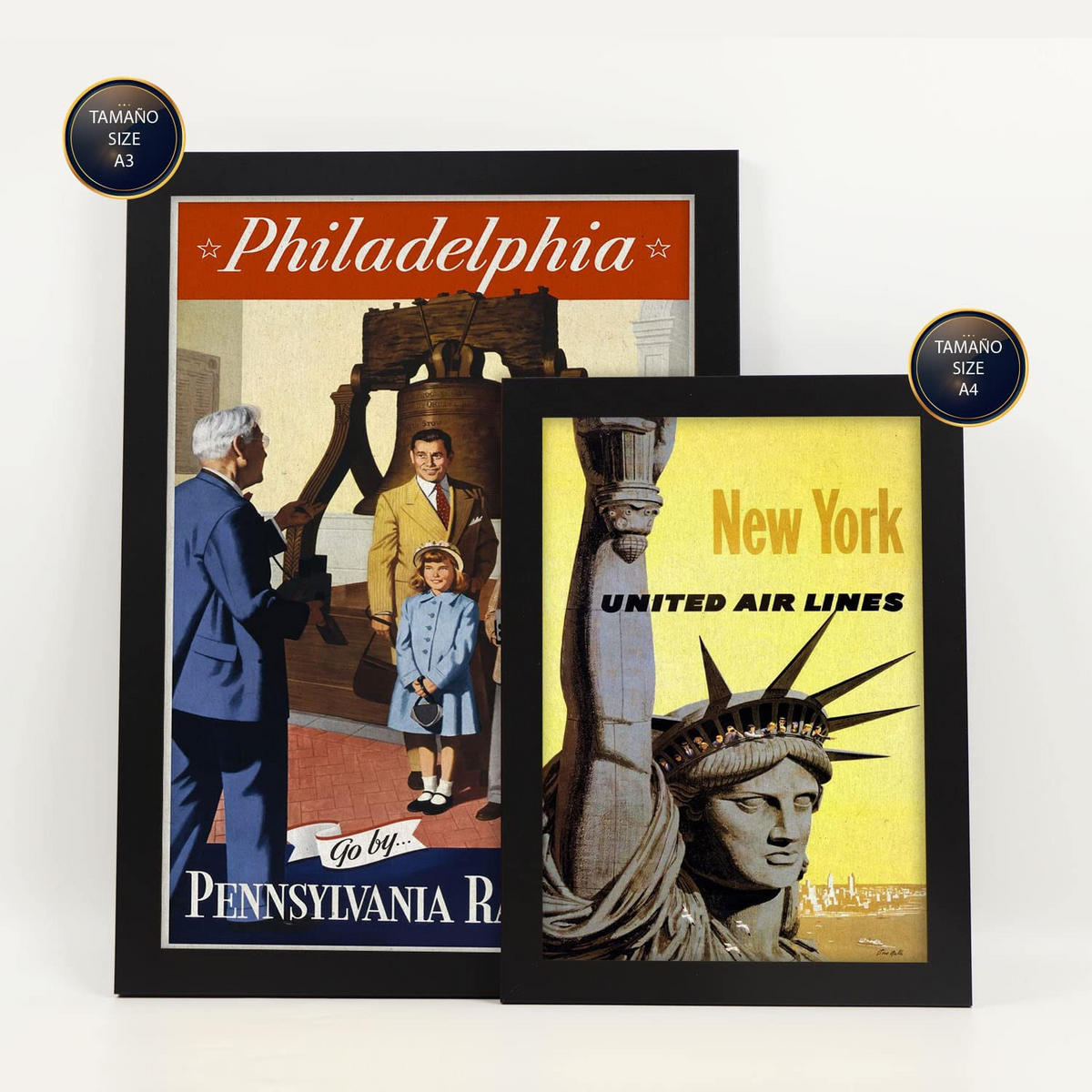 POSTER Set Mit 6 Vereinigte Staaten Vollfarbige Illustrationen Von Vintage Tourismus Werbetafeln Aus Der Ganzen Welt A3 & A4 Schwarzer Rahmen - Schwarz, Papier (29/3cm) - Nacnic
