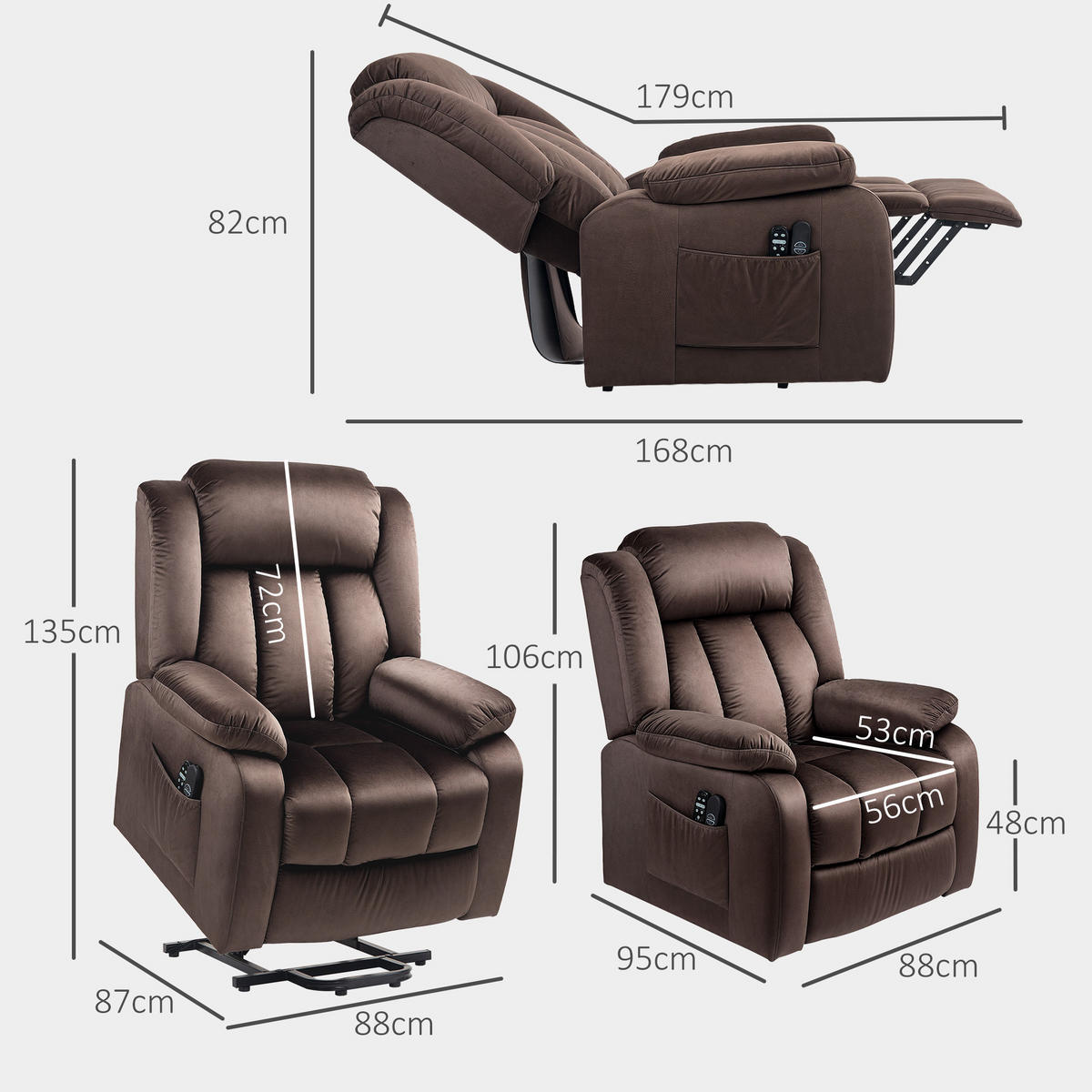 FERNSEHSESSEL in Braun 88x95x106 cm mit elektrischer Aufstehhilfe, Massage- und Heizfunktion - Braun, Metall (95/106/88cm) - IVMEU