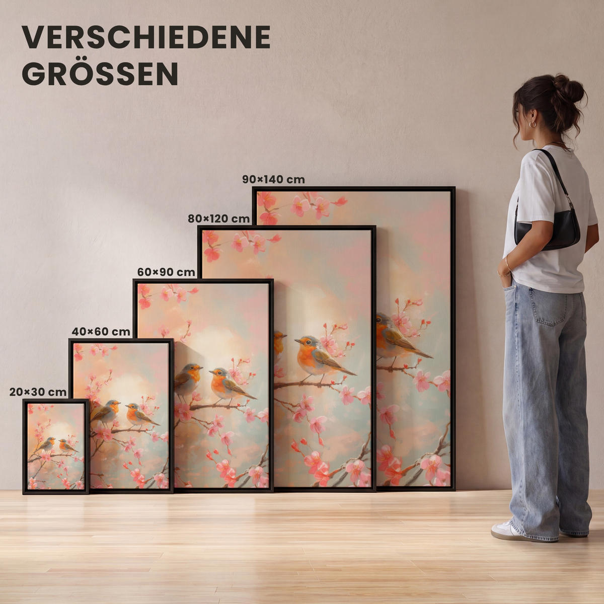 LEINWAND Bilder mit Rahmen - Rotkehlchen - Zierpflanze - Blütenzweig - 80x120 - Hellrosa, Textil (80/120cm) - MuchoWow