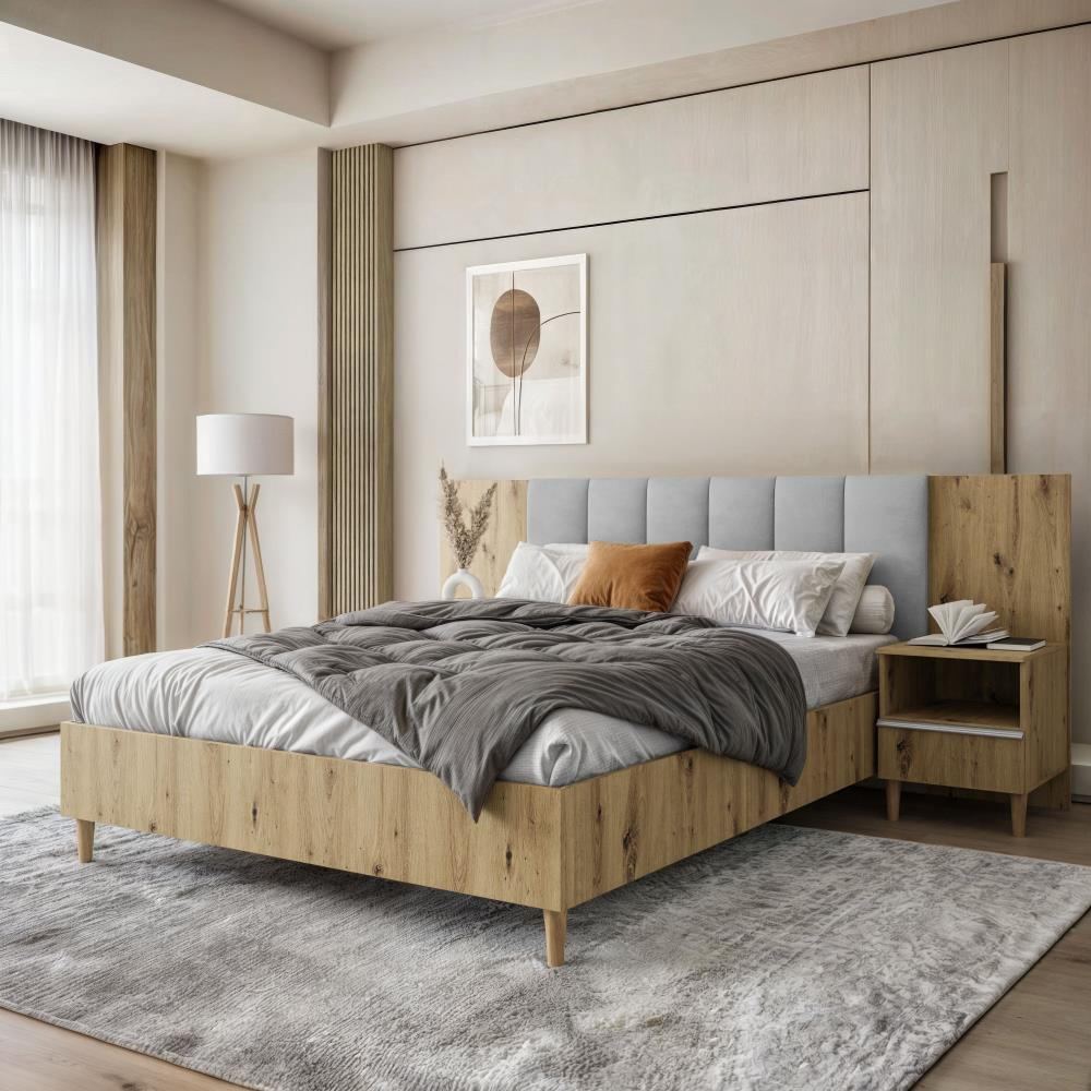 POLSTERBETT Lectus 166/211/108 eiche Artisan/grau - Eiche Artisan/Grau, Holzwerkstoff/Textil (160/200cm) - Beautysofa