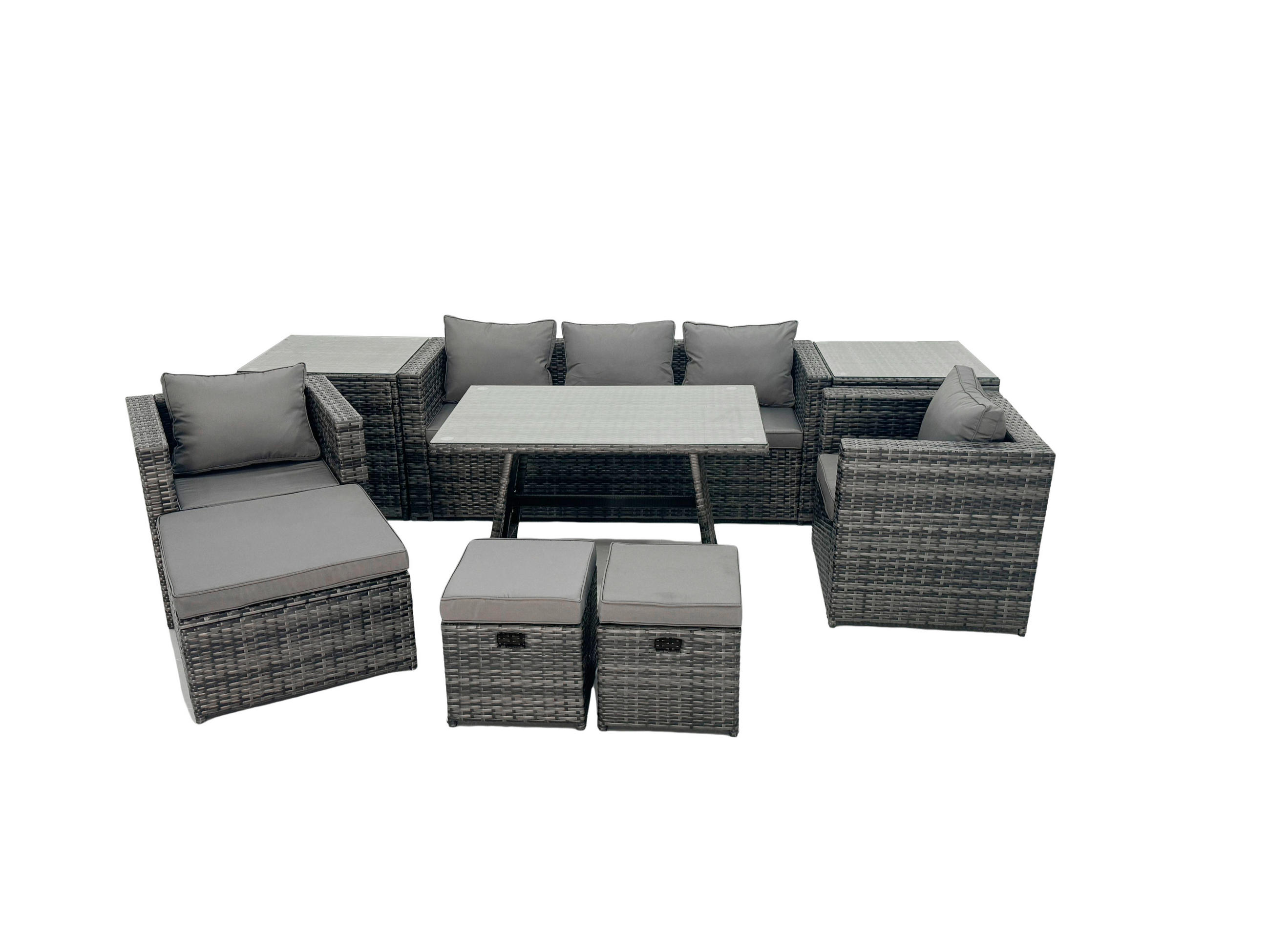 GARTENMÖBELSET mit Esstisch,Beistelltisch 8-Sitzer Grau - Dunkelgrau/Grau, Glas/Kunststoff - Fimous