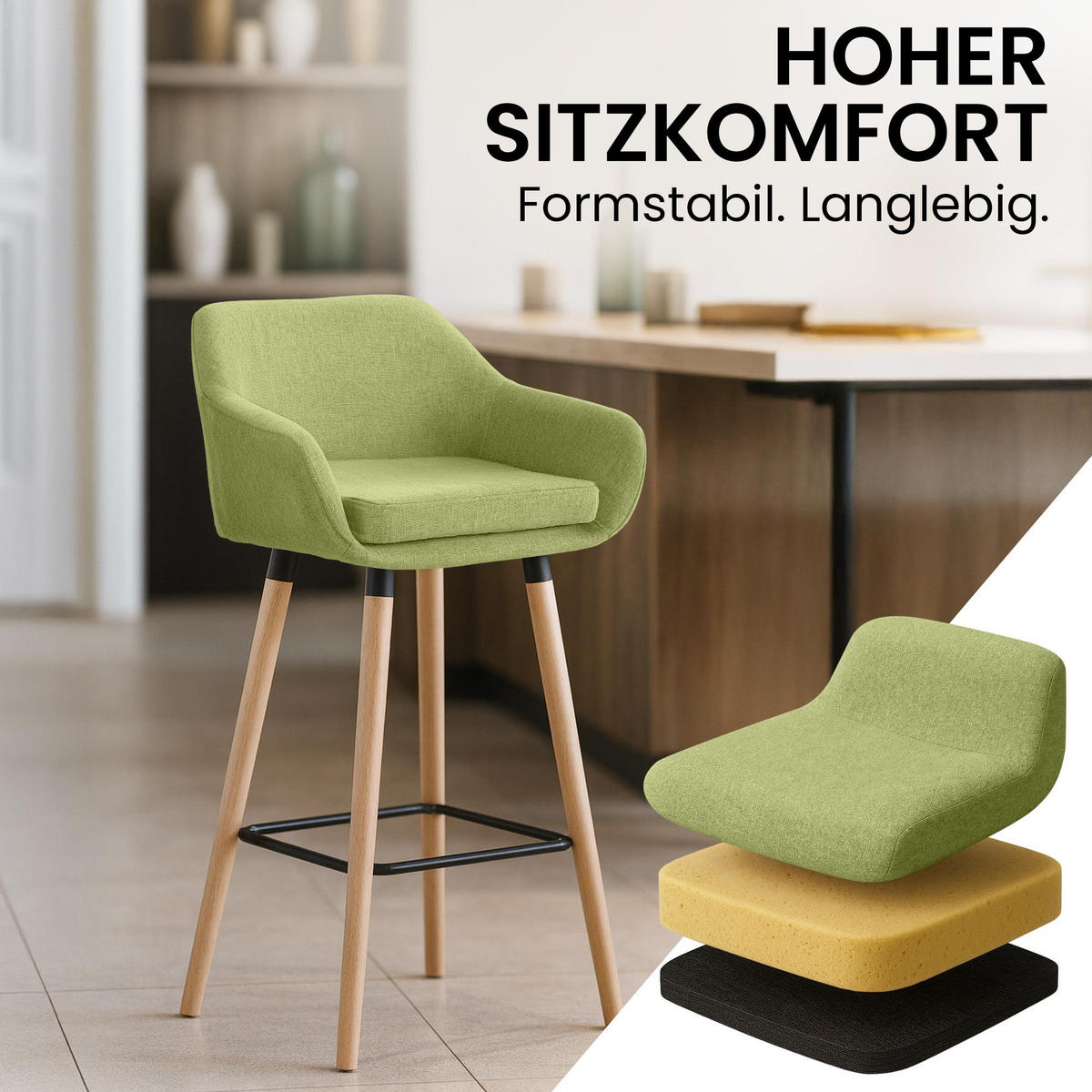 BARHOCKER 2er Set Stoff Hellgrün - Eukalyptusholzfarben/Hellgrün, Holz/Textil (55/99/46cm) - CLP