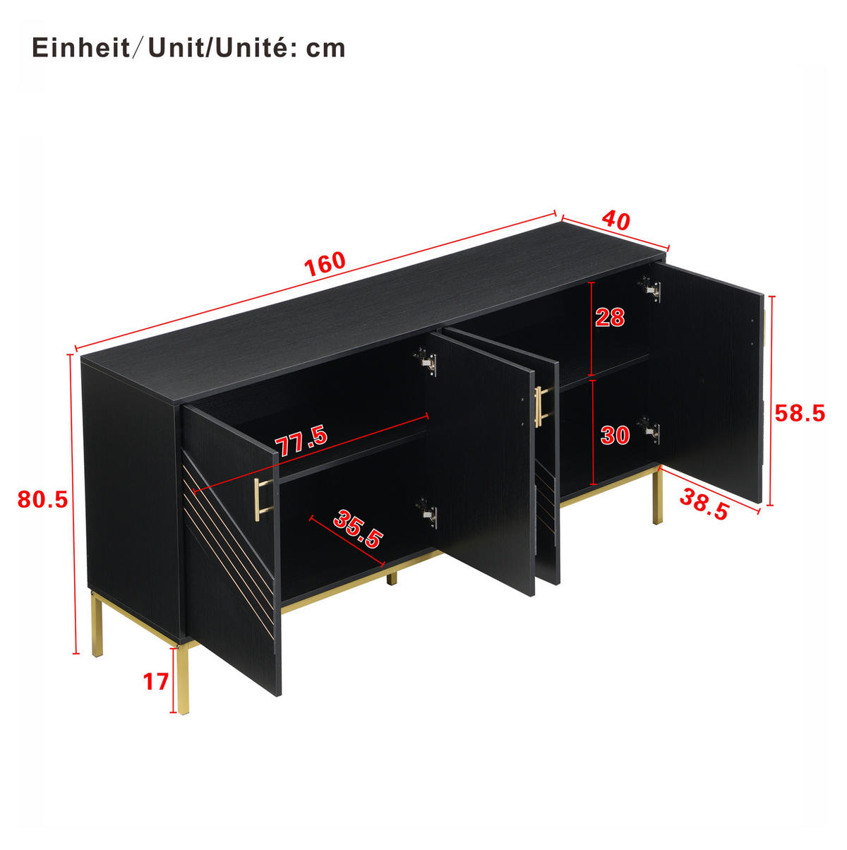 SIDEBOARD 160/40/80.5 cm Schwarz aus MDF mit 4 Türen - Schwarz, Holzwerkstoff (40/80.5/160cm) - OKMYHOME