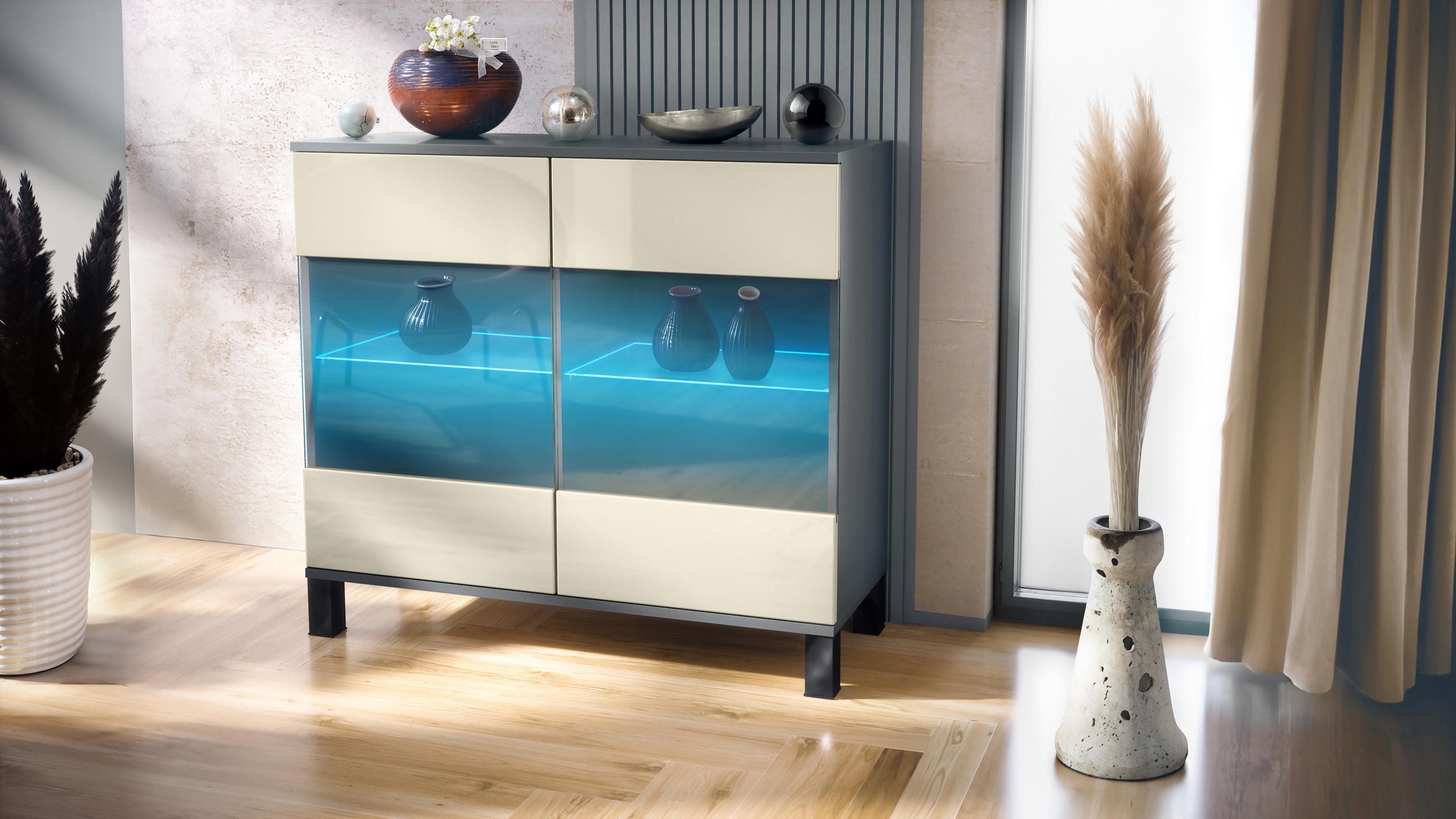KOMMODE Bari Creme Hochglanz - Creme, Holzwerkstoff (92.5/84.5/35cm) - Vladon