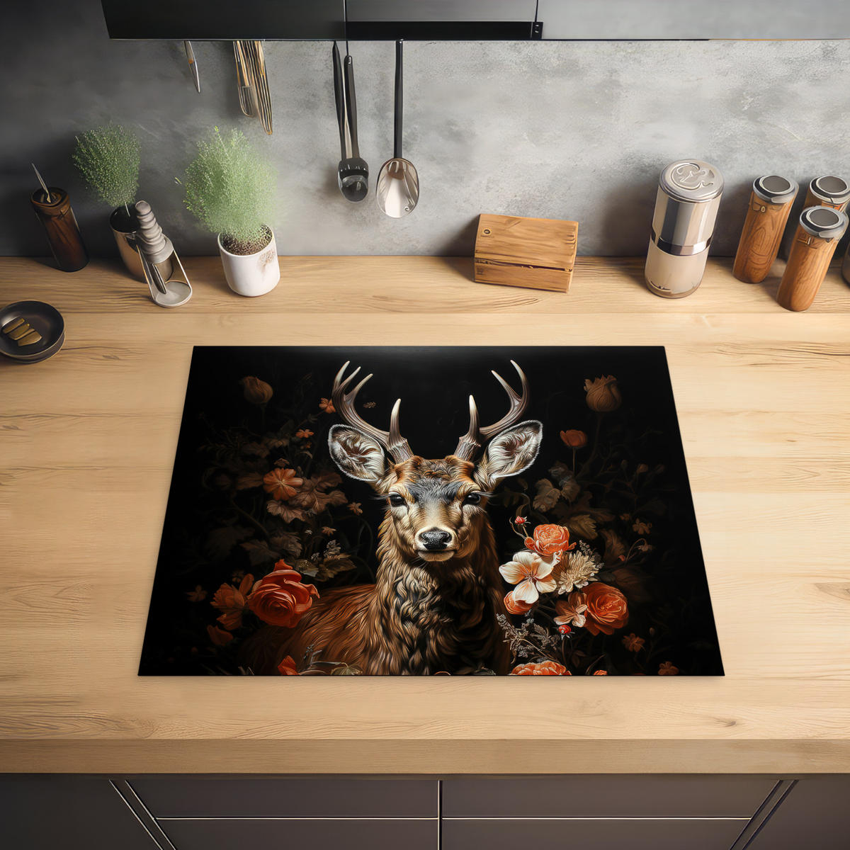 HERABDECKPLATTE - Hirsch - Tier - Blumen - Natur - Botanisch - 65x55 - Kupferfarben, Kunststoff (65/55/0.2cm) - MuchoWow