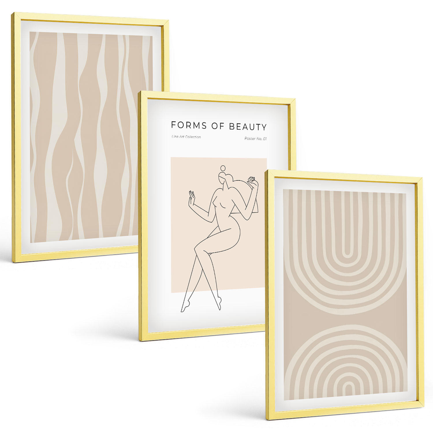 BILDER SET 3er Set - 40x60 cm Goldrahmen - Abstrakte Boho-Dekorationen - Goldfarben, Kunststoff (40/60cm) - TULUP