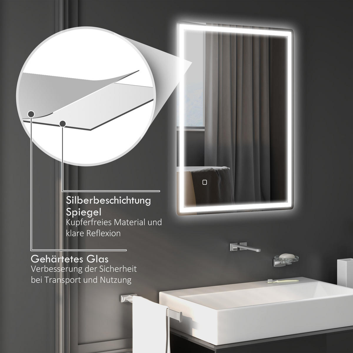 BADSPIEGEL, mit Touchschalter, Memory-Funktion, beschlagfrei, Wasserdicht - Silberfarben, Glas (60/4/80cm) - HOMCOM