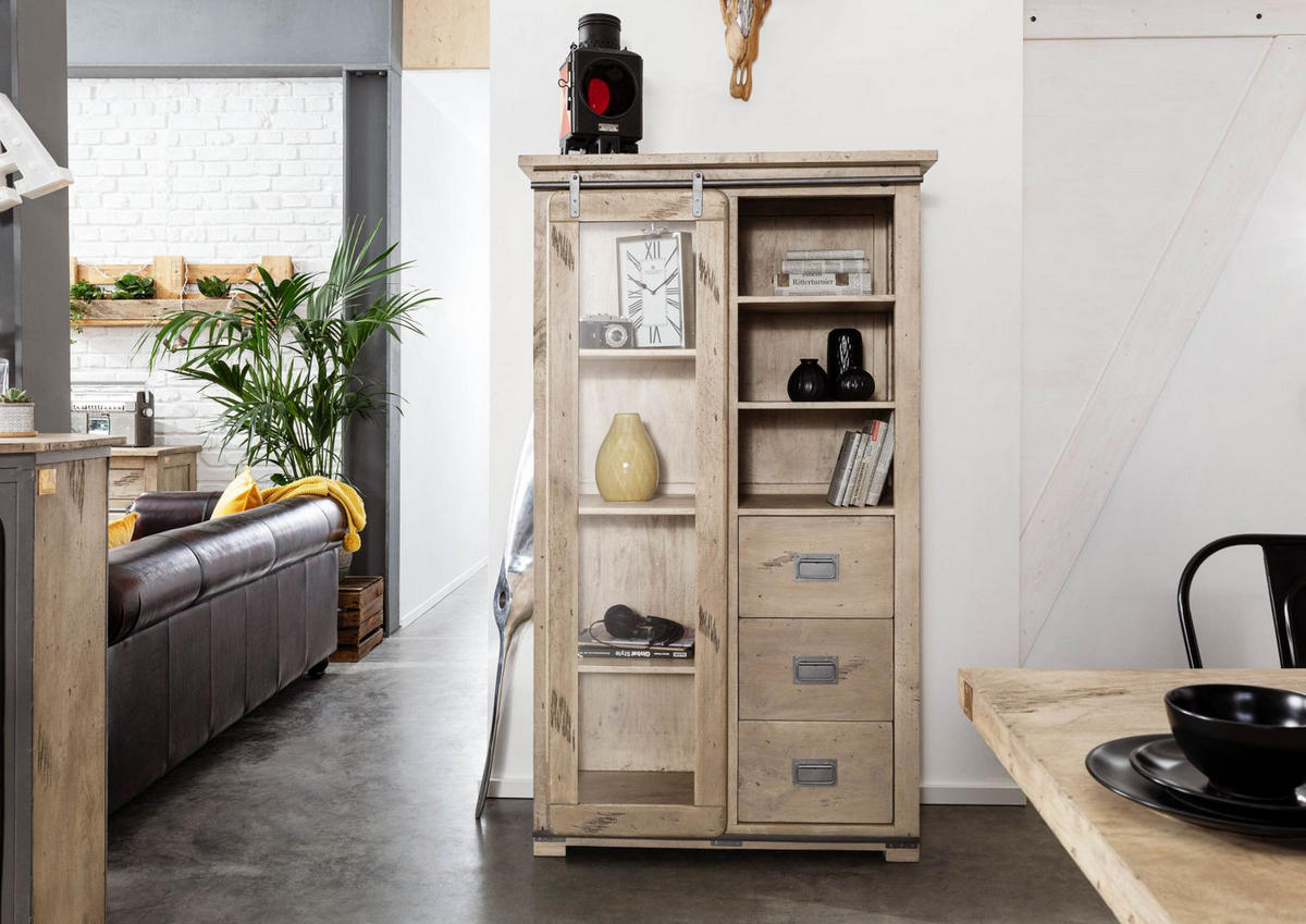 VITRINE Mango 100x45x175 whitewash lackiert RAILWAY #326 - Beige, Holz (100/175/45cm) - Massivmoebel24