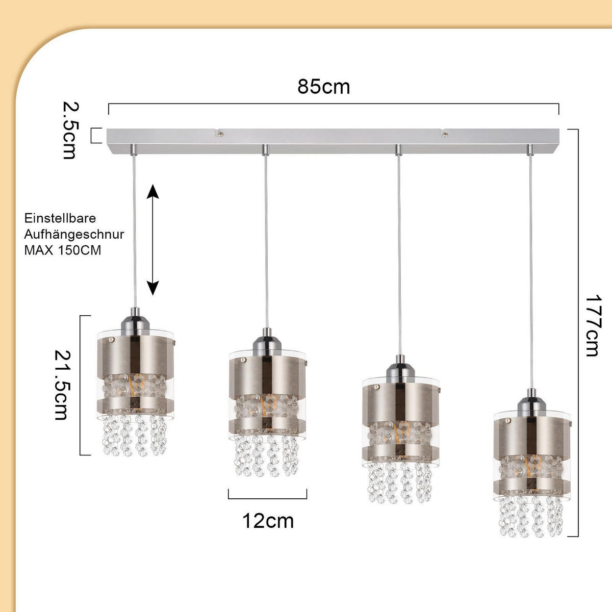 PENDELLEUCHTE Gabriel 86/12/177 cm - Silberfarben, Metall (86/12/177cm) - ZMH