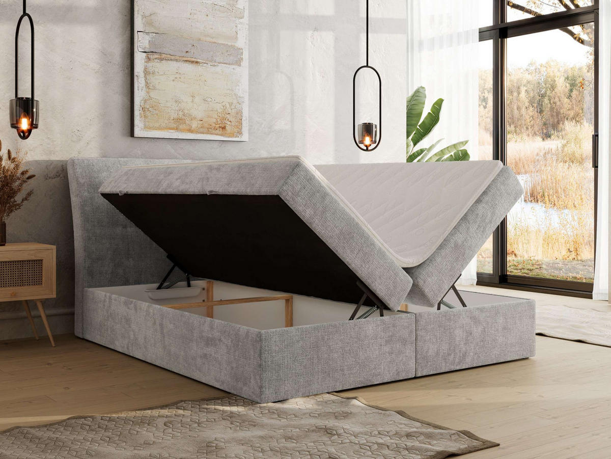 BOXBETT DAGOS 160/200 - Hellgrau Schenille grob gewebt - H3 - Topper T25 - Hellgrau, Textil (160/200cm) - MKS