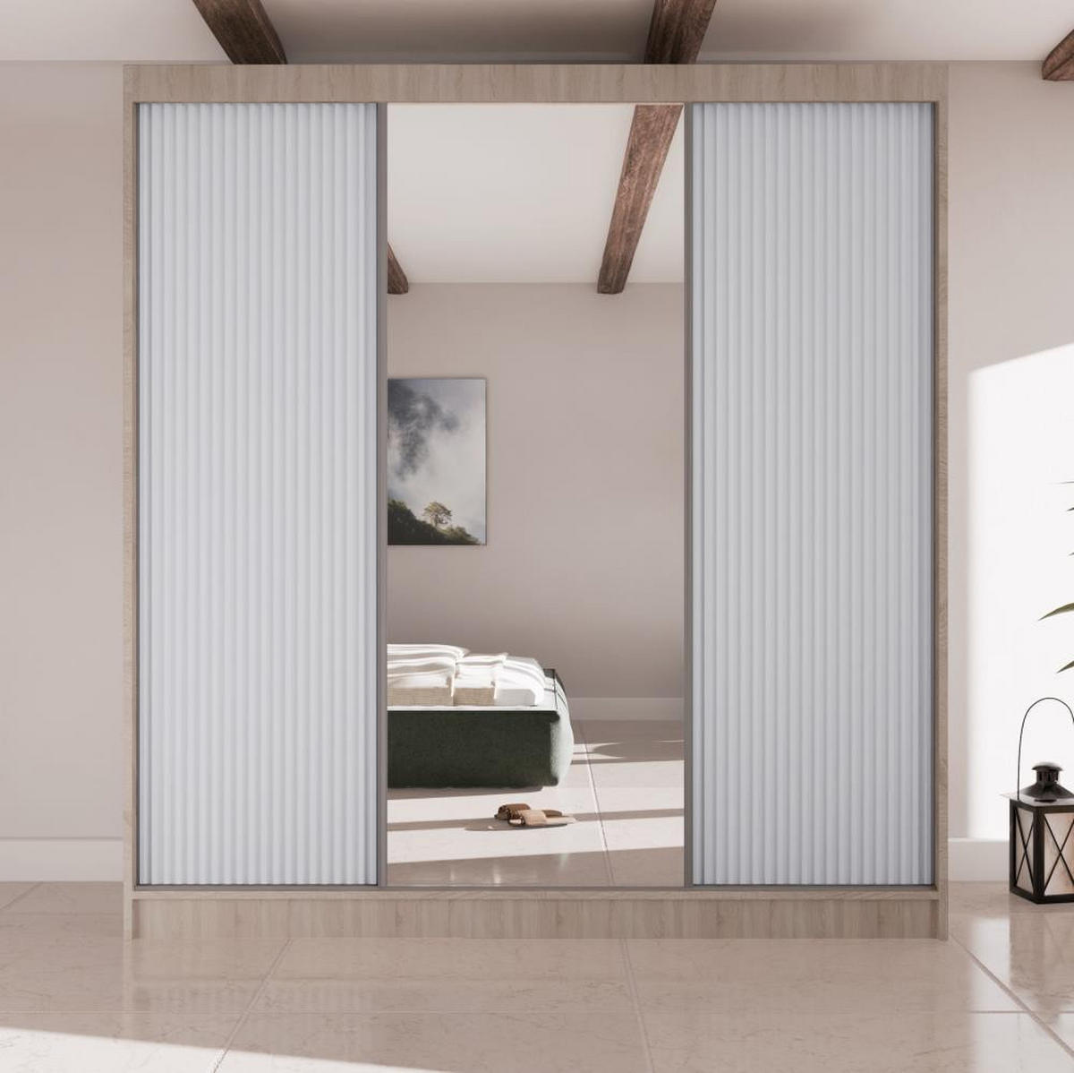 SCHWEBETÜRENSCHRANK Ramos II 200/61/215 eiche sonoma+weiß - Weiß/Sonoma Eiche, Holzwerkstoff (200/215/61cm) - Beautysofa