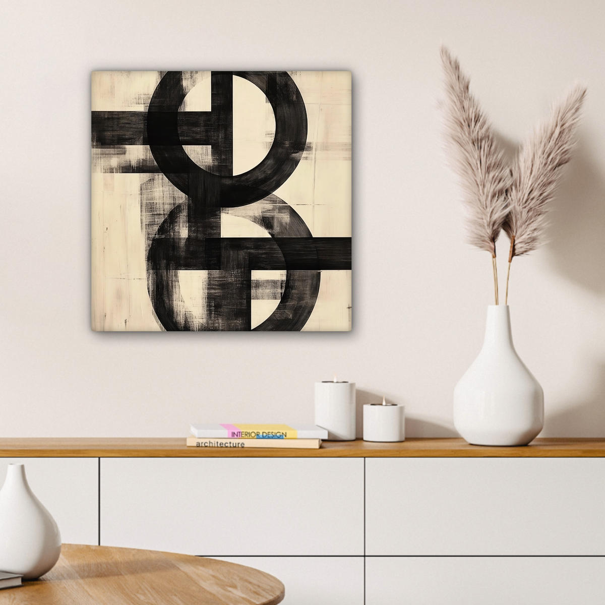 LEINWANDBILD Kreise - Balken - Schwarz - Abstrakt Wandbild Wohnzimmer 50x50 cm - Schwarz, Textil (50/50cm) - MuchoWow